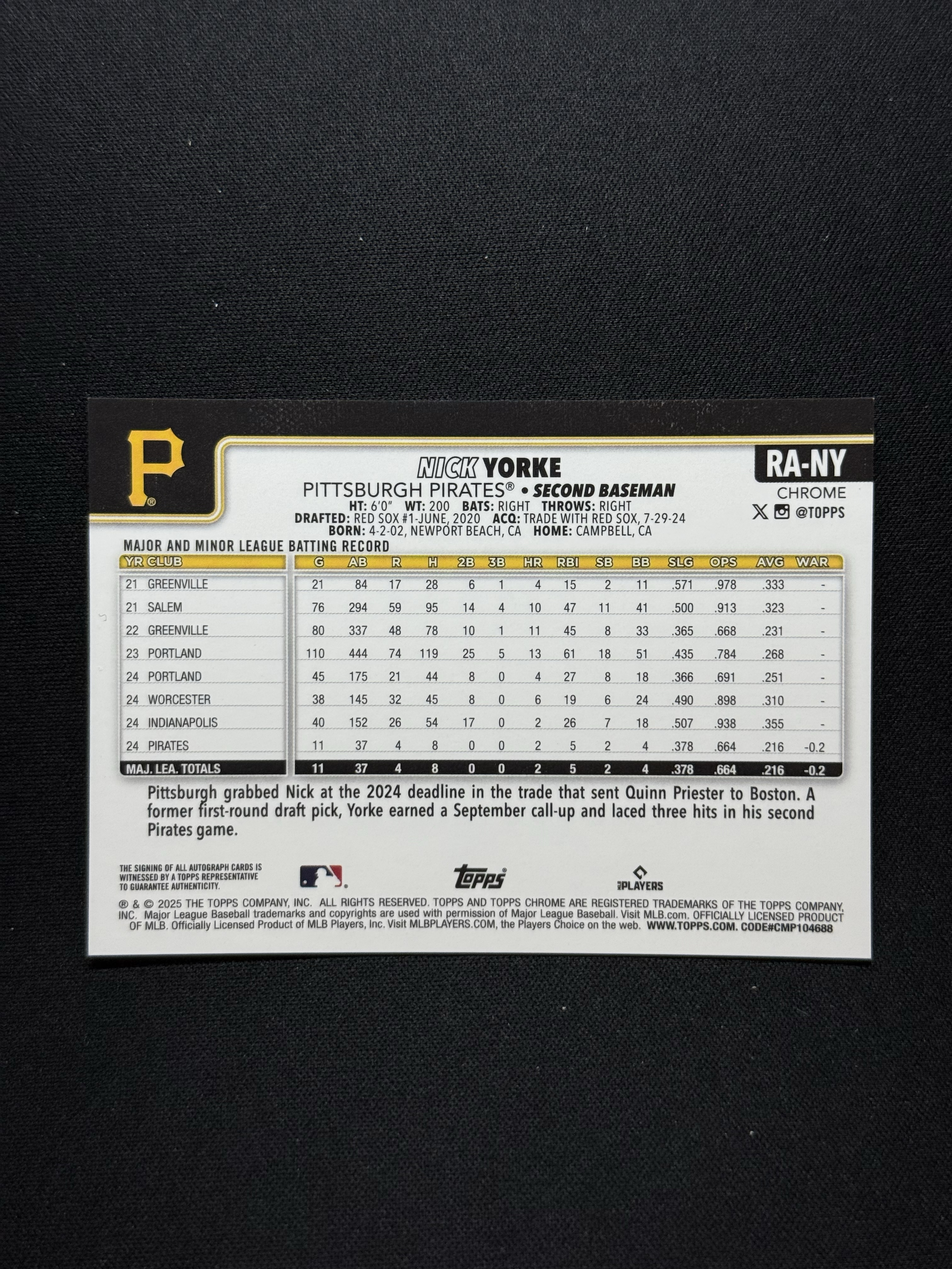 2025 Topps Chrome Nick Yorke RC 【小贝代拍】棒球 MLb 新秀 海盗 尼克 约克 签字 卡签 瑕疵如图 拍前看描述 H EW
