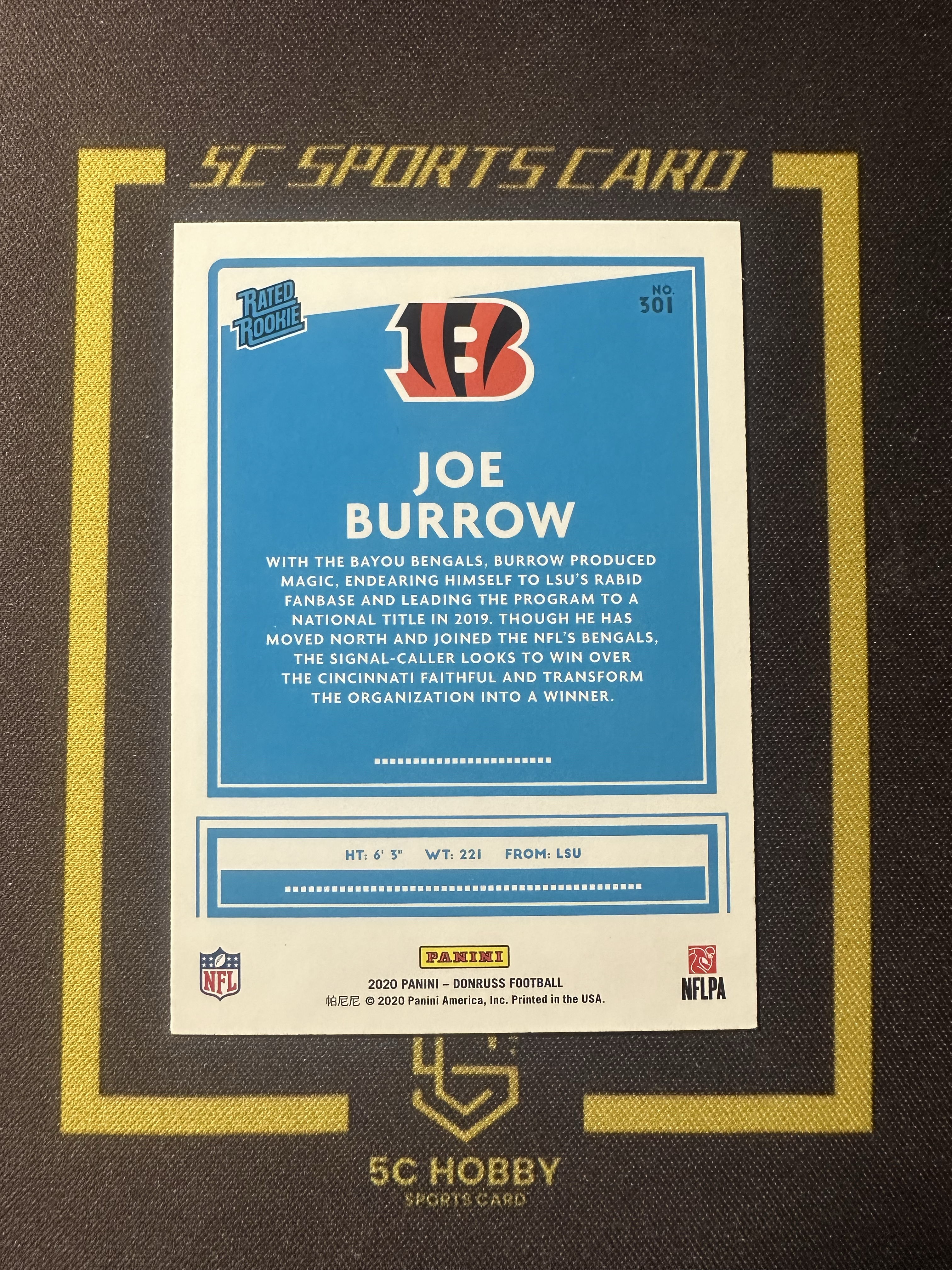 【主演出卡】 2020 橄榄球 杜蕾斯 猛虎队 顶级好秀 QB 四分卫 Joe Burrow 乔 伯罗 新秀 base RC 蓝版 少见!