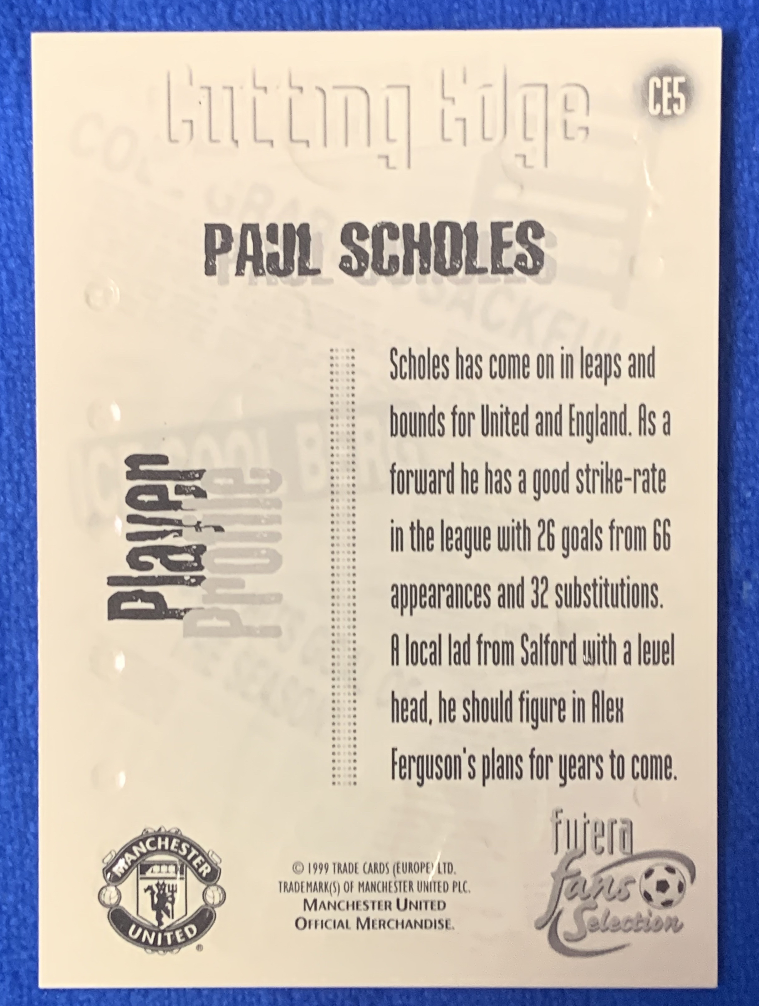 1999 Futera Manchester United Paul Scholes 福特拉 曼联 斯科尔斯 92班 三冠王 英格兰国脚England 经典老卡 近乎绝版 不保卡品 ebay有价