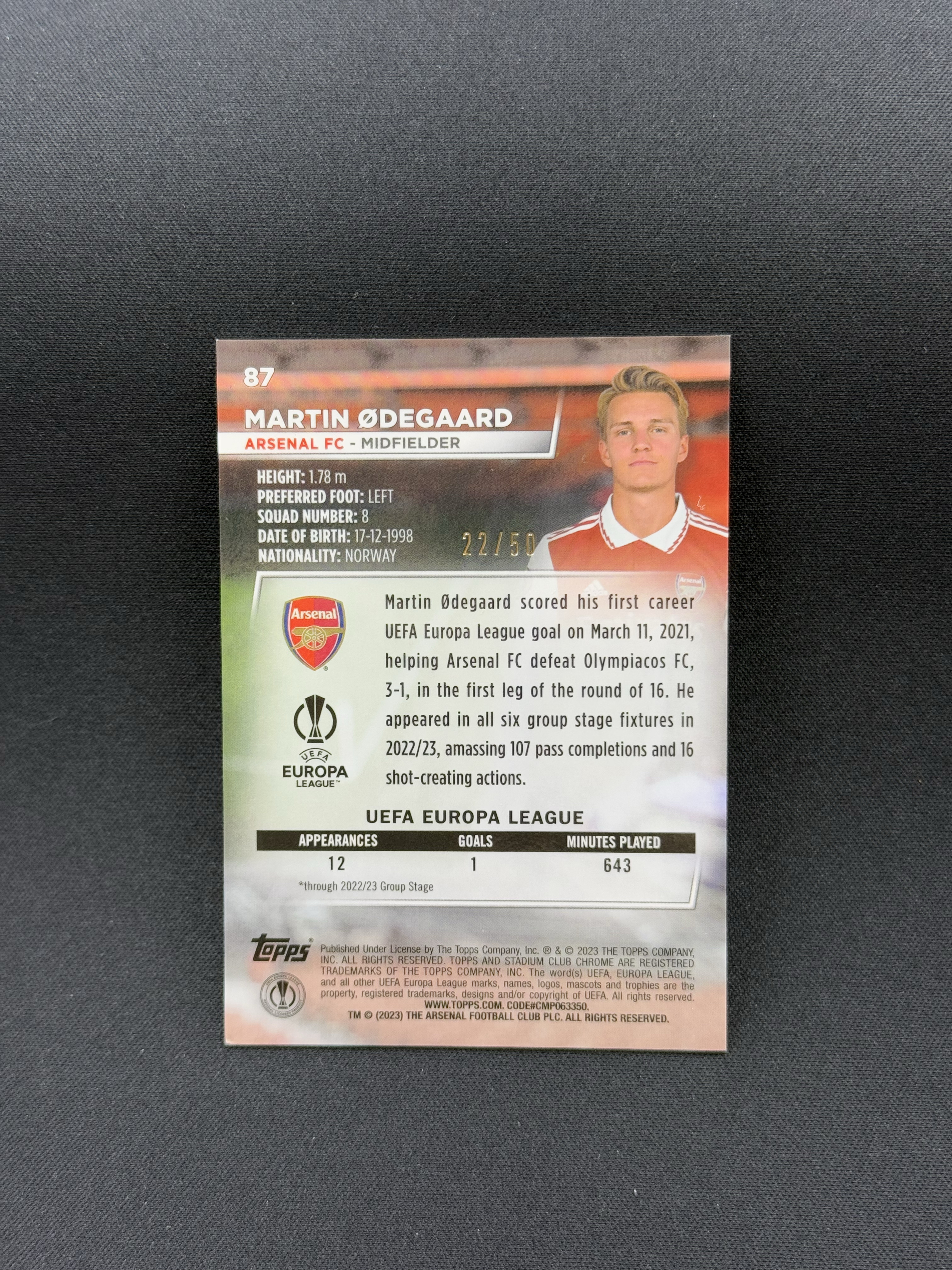 2022-23 Topps Stadium Club Martin Odegaard 【小贝代拍】欧战 竞技场 阿森纳 挪威 马丁 厄德高 金脉冲折 22/50编 卡品如图 拍前看描述 H HimL