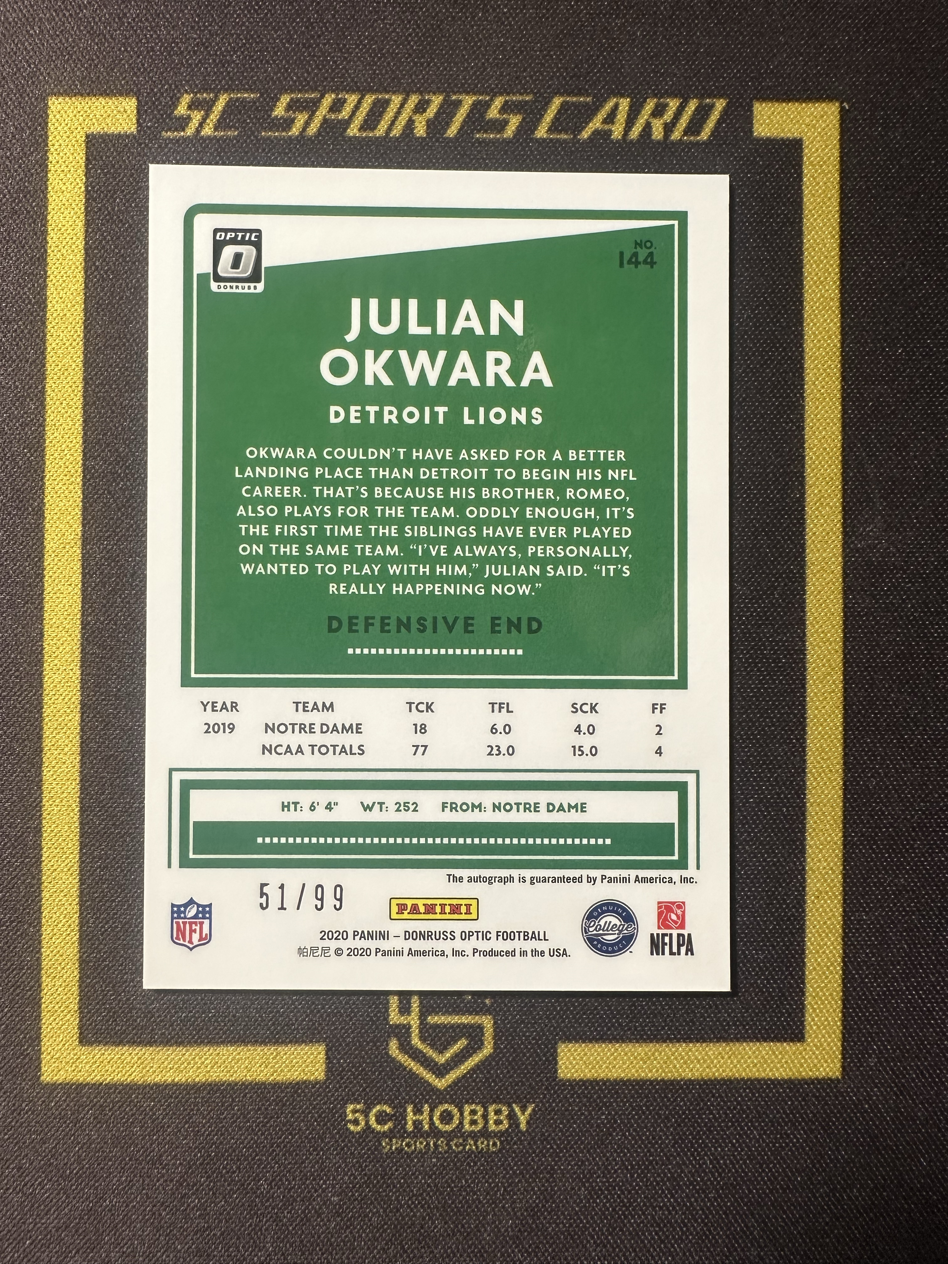 【主演出卡】 2020 panini 橄榄球 杜蕾斯optic 雄狮队 Julian Okwara 新秀 签字 RC 51/99