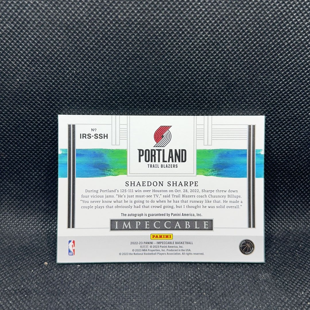 【Roseee代卖】 2022-23 Panini Impeccable Shaedon Sharpe 小真金 开拓者 新秀RC 谢登夏普 99编 签字卡 卡签 徐哥