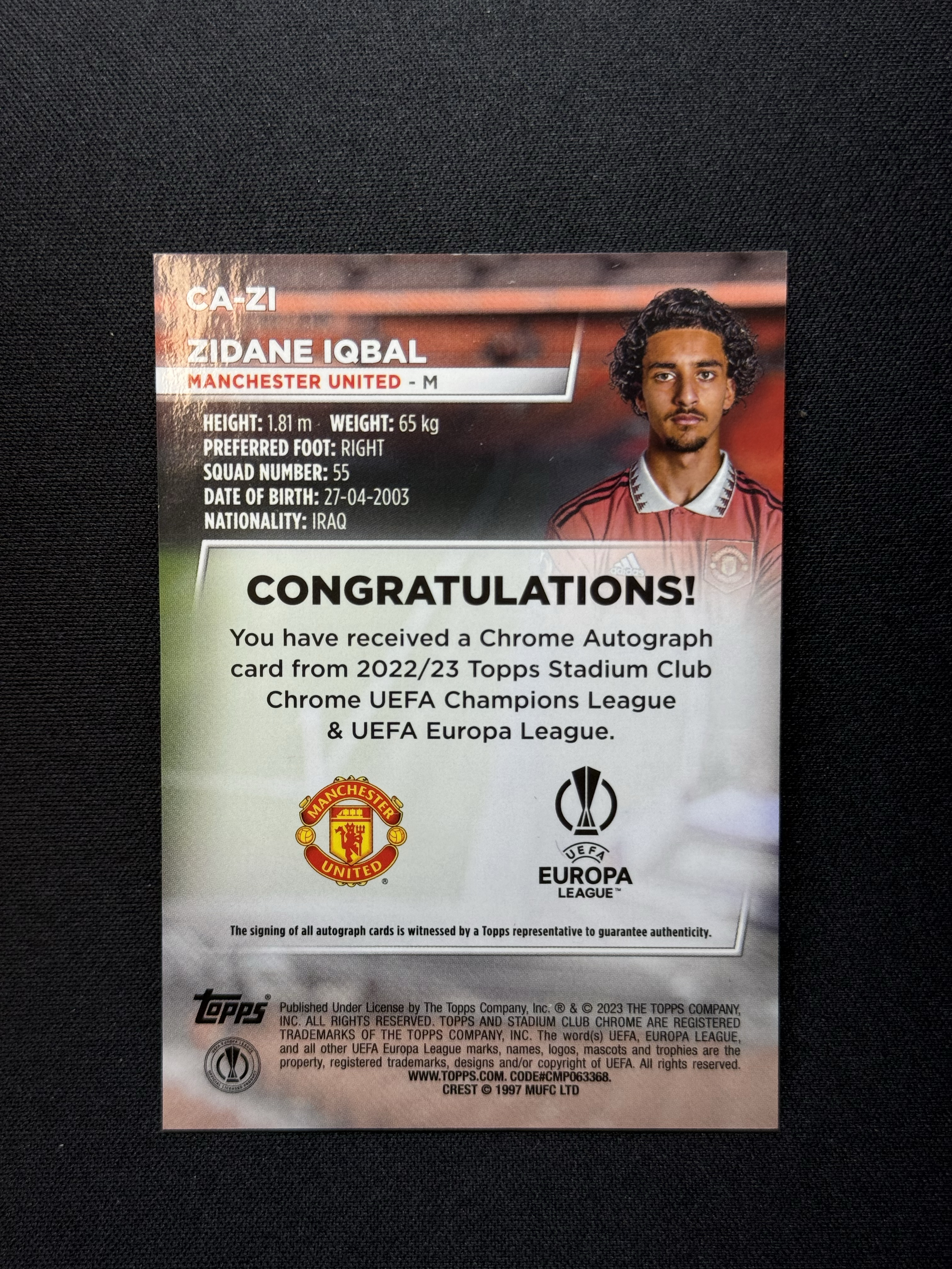 2022-23 Topps Stadium Club Chrome Zidane Iqbal 【小贝代拍】欧冠 竞技场 曼联 齐达内 伊克巴尔 银折 签字 瑕疵如图 拍前看描述 H MFC
