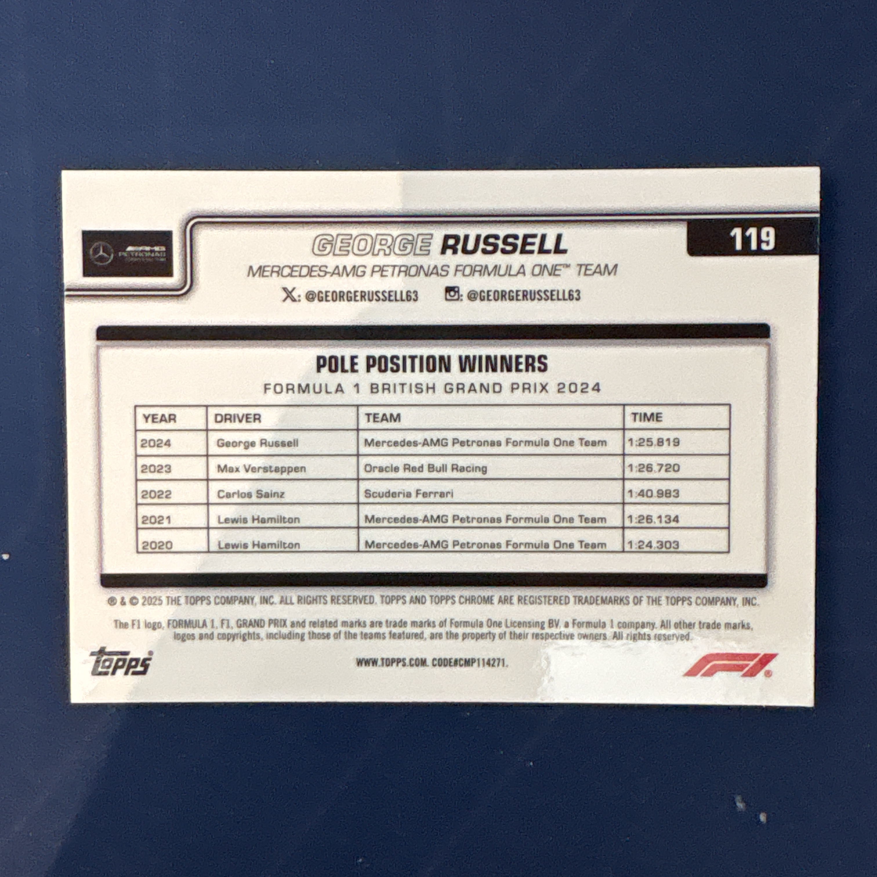 2025 Topps Chrome George Russell 【爆爆代卖】F1 75周年 乔治 拉塞尔 黑白方格旗折 棋盘折 格子折 梅赛德斯奔驰 车队 英国大奖赛 杆位 专收必备 卡品如图#冷哥
