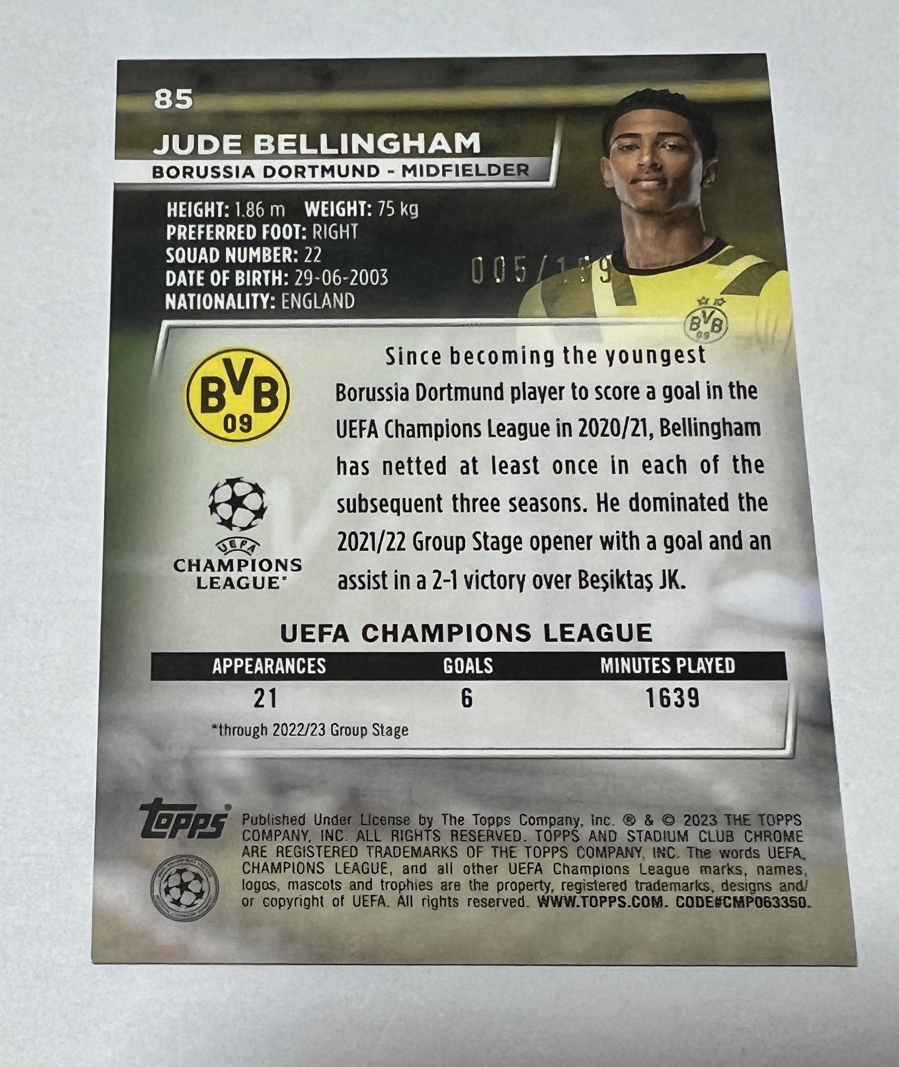 2023 Topps Stadium Club Chrome Jude Bellingham 欧冠竞技场 多特蒙德 贝林厄姆 199编 皇马 英格兰 夜光棱镜折 君临天下 卡品如图