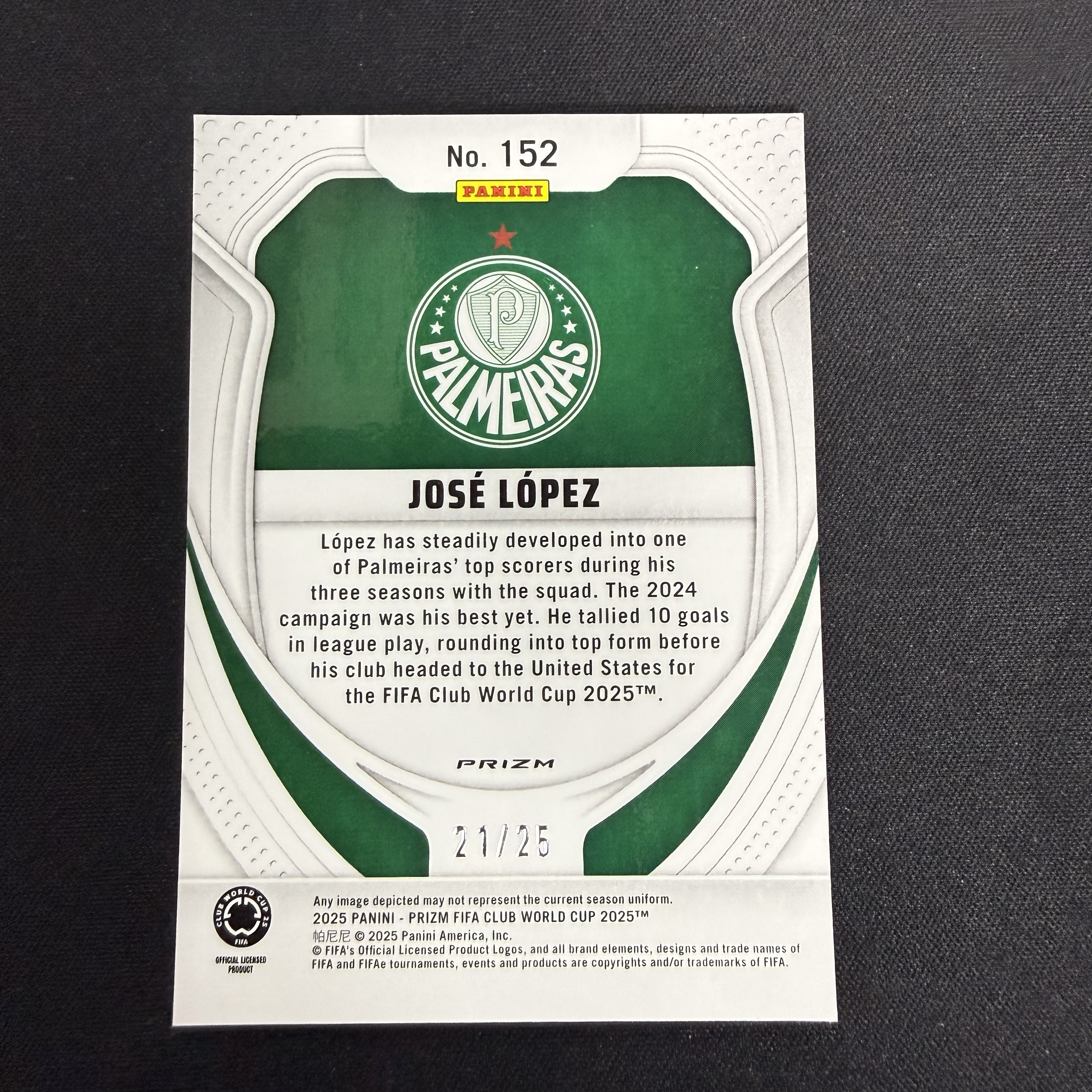 2024-25 Panini Prizm JOSÉ LÓPEZ RC 【SC拍卖】世俱杯 pz 何塞洛佩斯 帕尔梅拉斯 新秀 21/25编 收藏必备(雪糕)