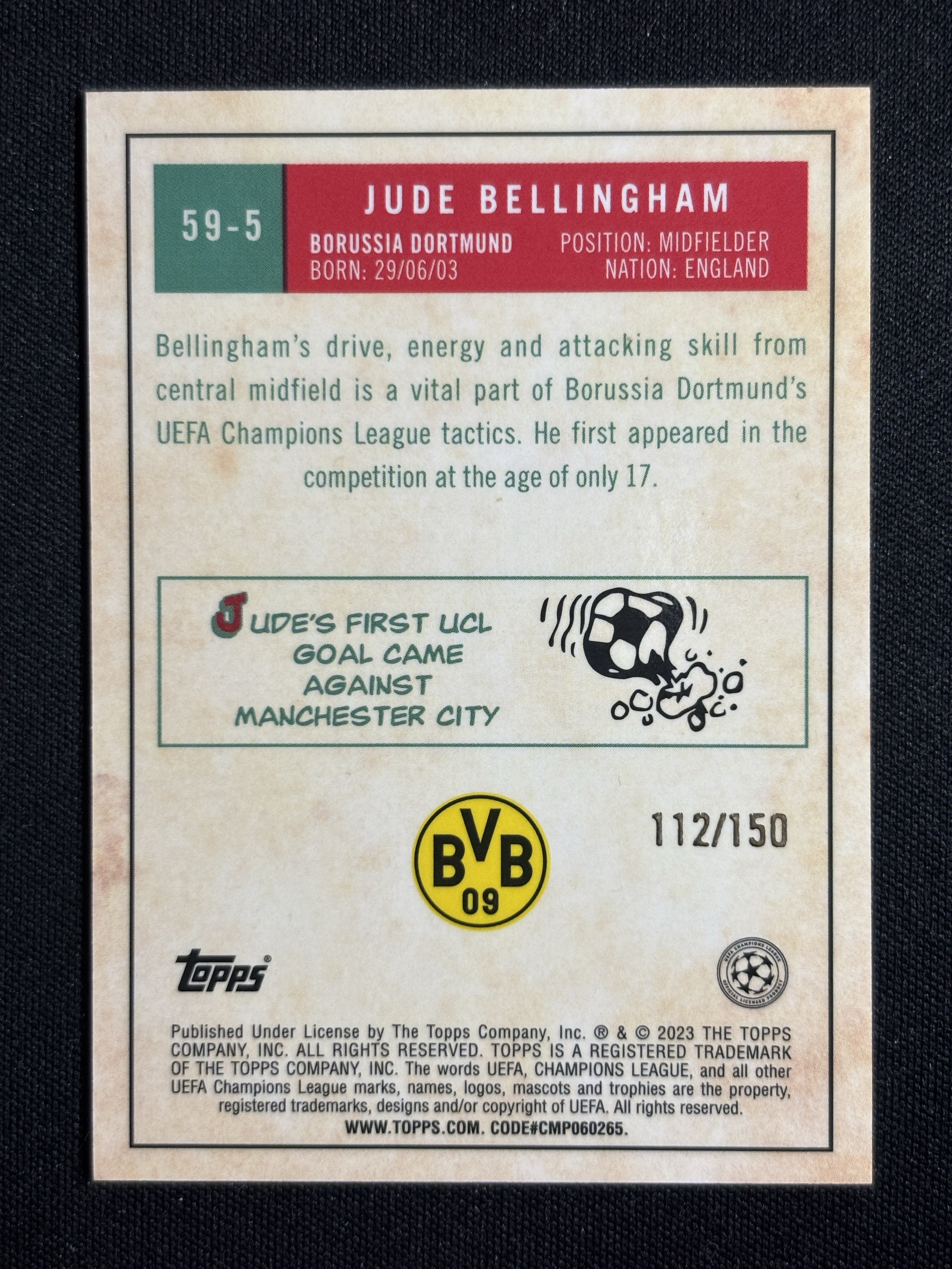 2022-23 Topps Chrome Jude Bellingham 「墨色拍卖」欧洲TC 多特蒙德 贝林厄姆 112/150 蓝折 特卡 卡品如图BCML