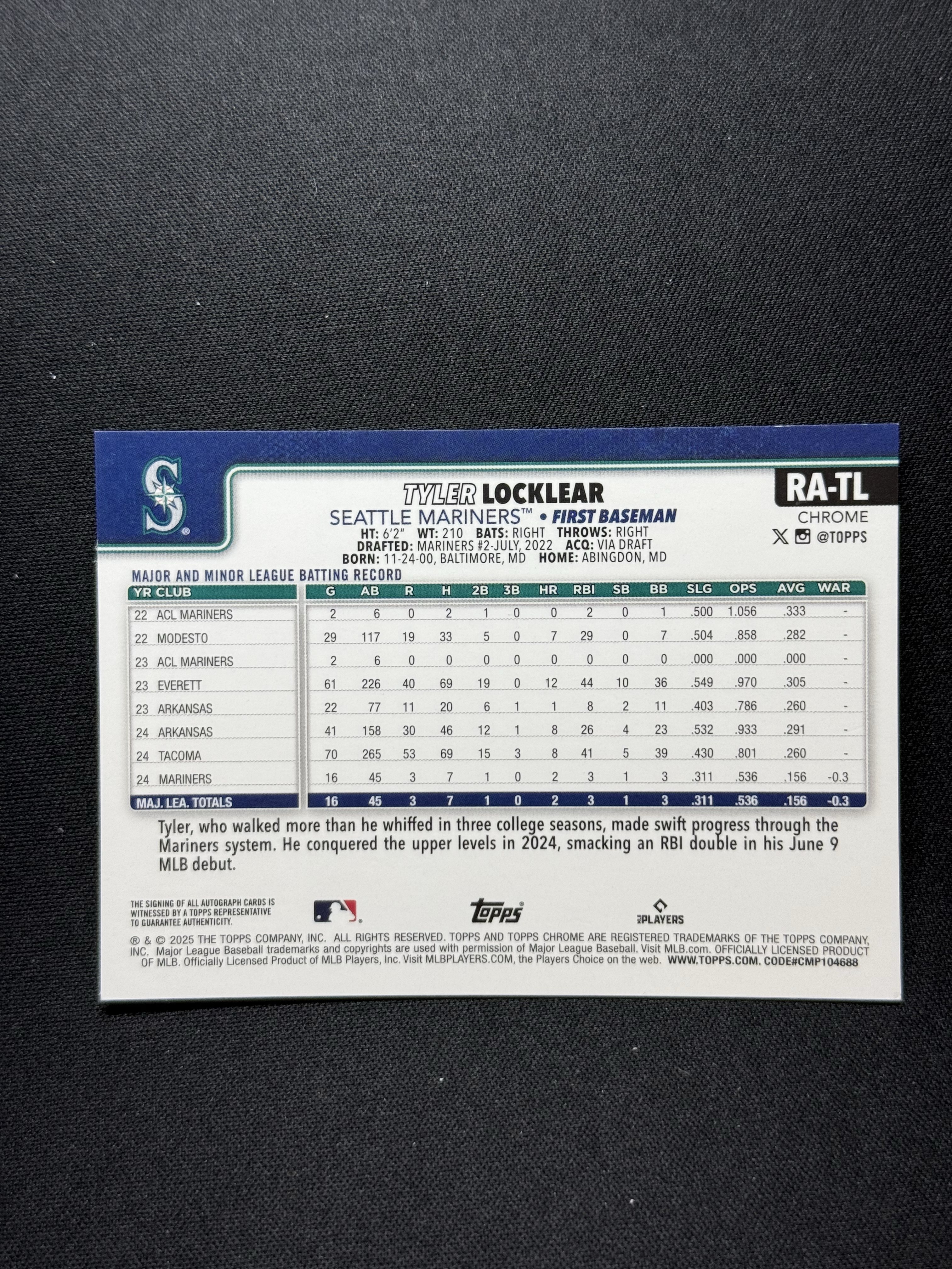 2025 Topps Chrome Tyler Locklear RC 【小贝代拍】棒球 MLb 新秀 水手 泰勒 洛克利尔 签字 卡签 瑕疵如图 拍前看描述 H EW