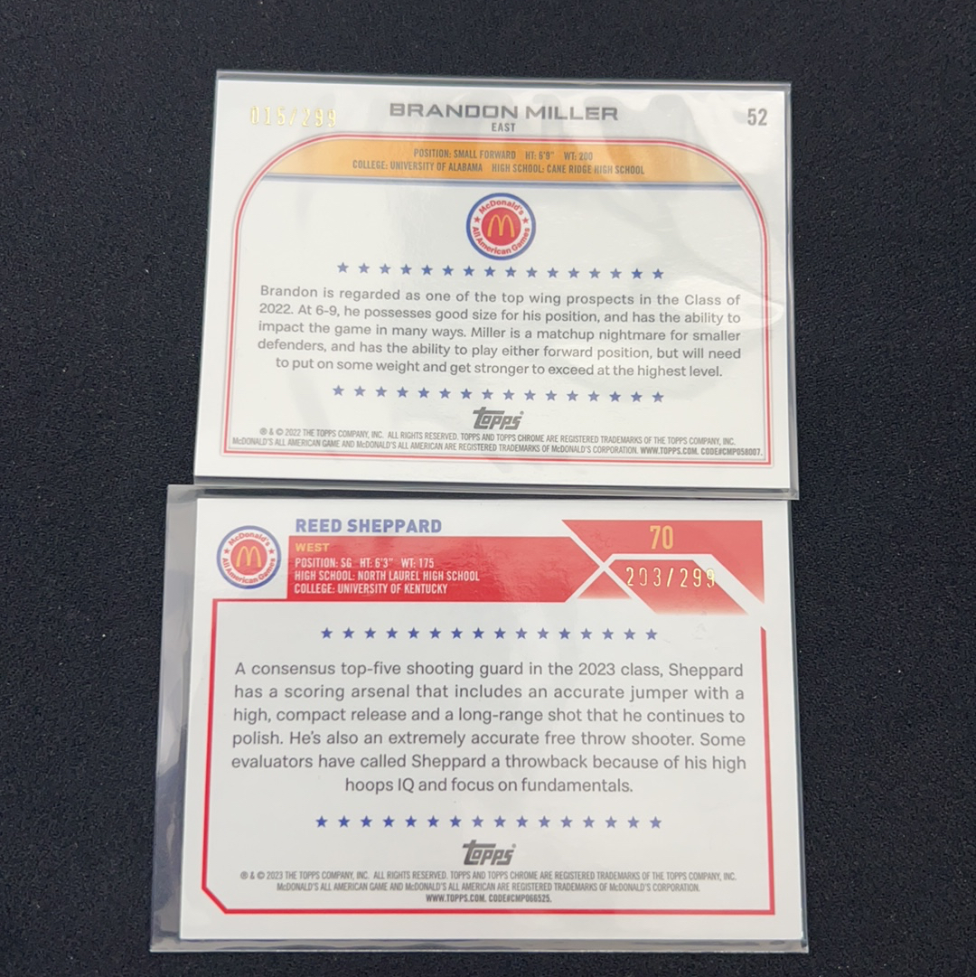 2022 Topps Chrome Brandon Miller 【小V代拍】布兰登 米勒 里德 谢泼德 折射 紫折 银折 299编 2张 卡品如图【阿里嘎多】z