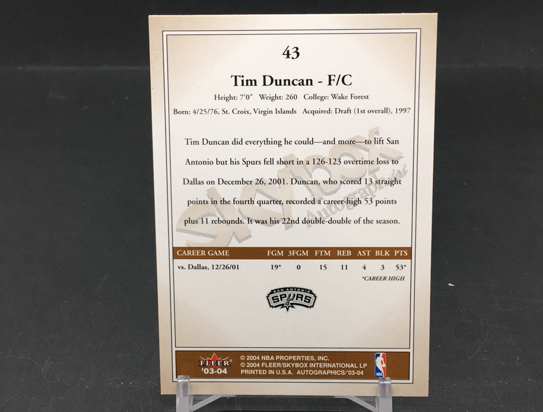 【DC拍卖】11.21 SKYBOX AUTOGRAPHICS 名人堂名宿 NBA历史第一大前锋 石佛 蒂姆 邓肯