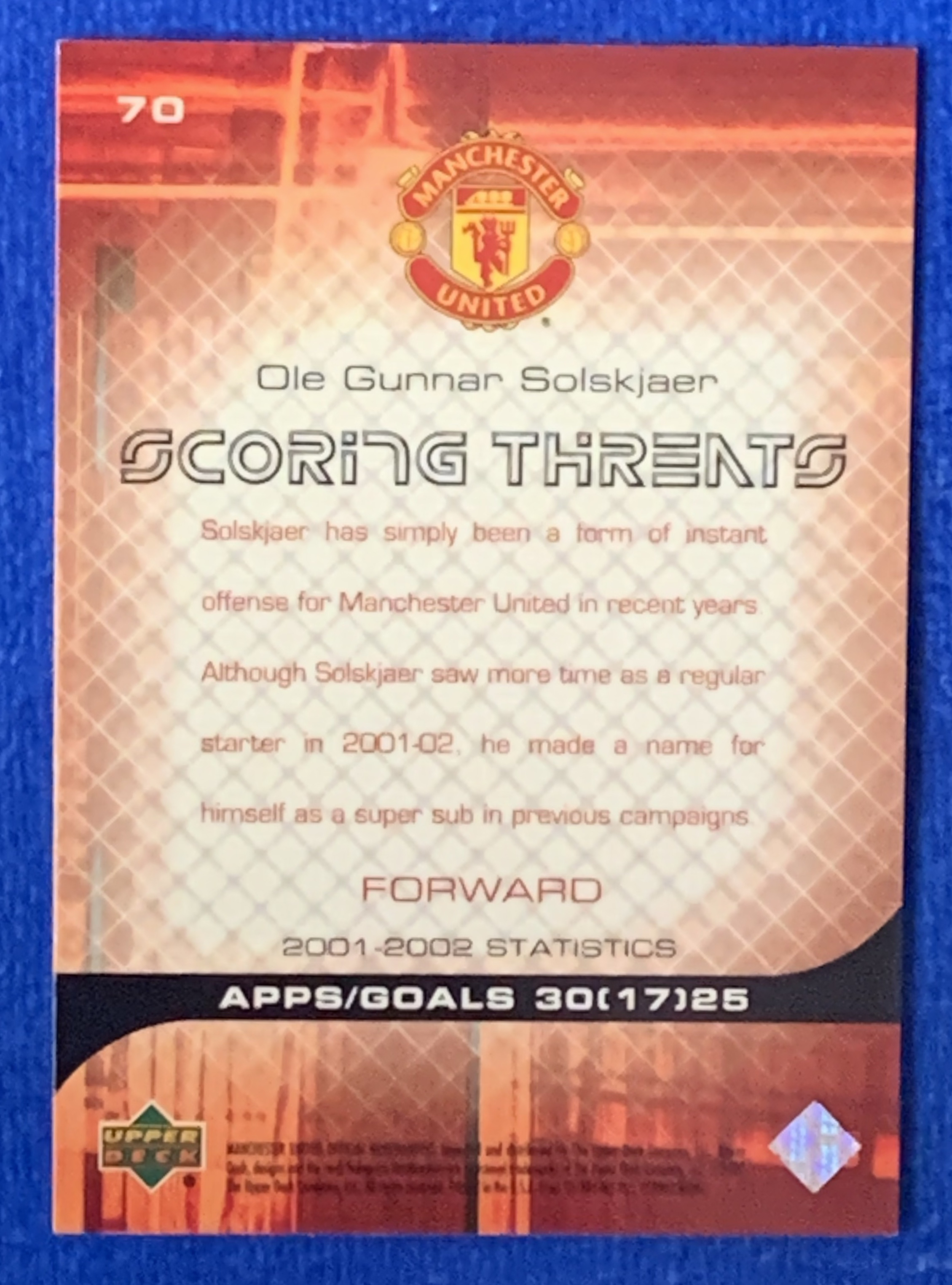 2002 Upper Deck Manchester United Ole Gunnar Solskjaer 亚德得分能力特卡 曼联 索尔斯克亚 三冠王 挪威Norway经典老卡 不保卡品ebay有价