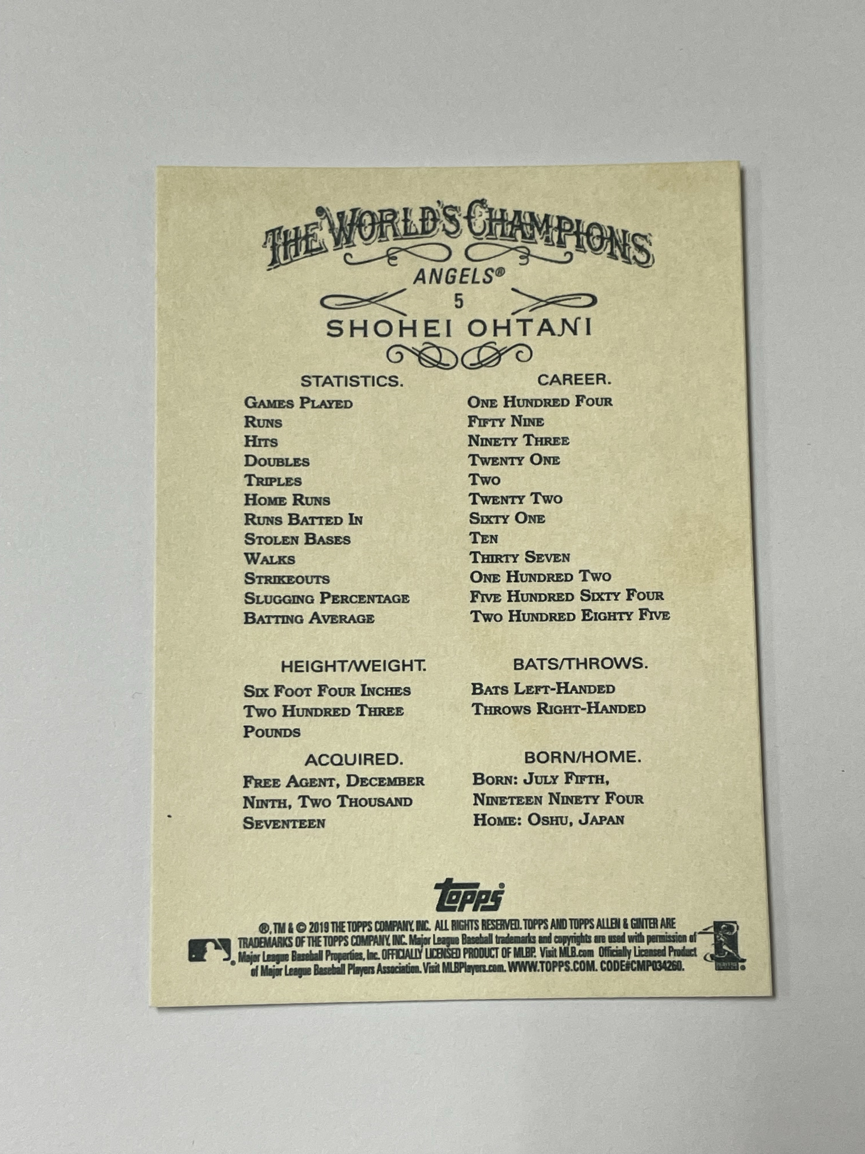 2019 Topps Allen & Ginter Shohei Ohtani 洛杉矶天使 大谷翔平 新秀次年 大比例金框肖像