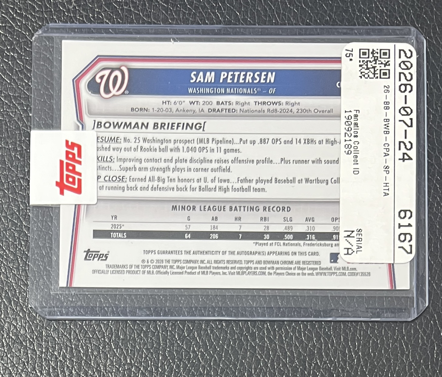2026 Topps Bowman Sam Petersen 棒球 山姆 皮特森 国民队 1st首秀 新秀 签字 045/150编 卡签 Mojo折 交换板兑换回来 收藏必备 卡品如图