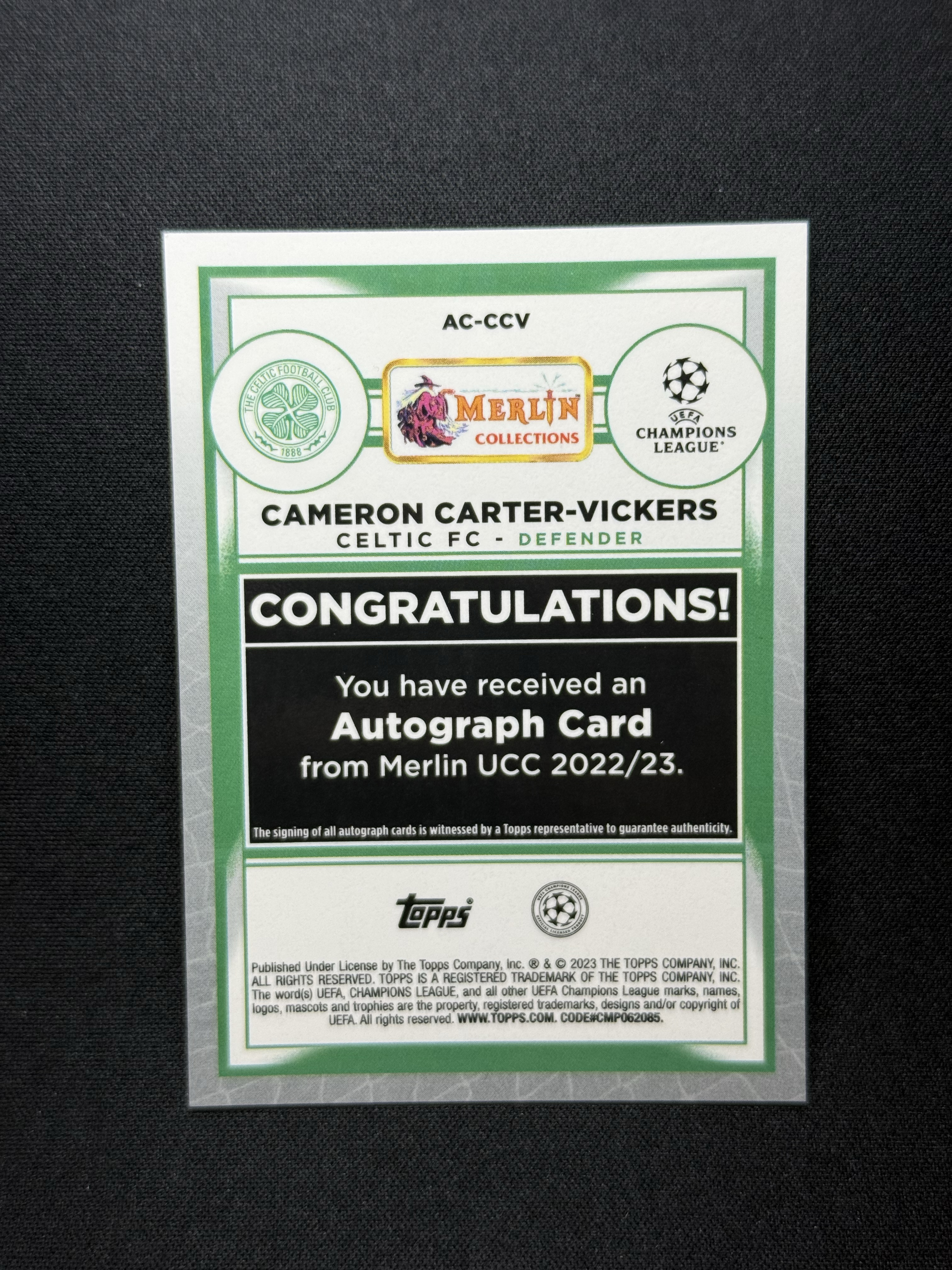2022-23 Topps Merlin Cameron Carter Vickers 【小贝代拍】欧战 梅林 凯尔特人 卡特 维克斯 银折 签字 瑕疵如图 拍前看描述 H EW