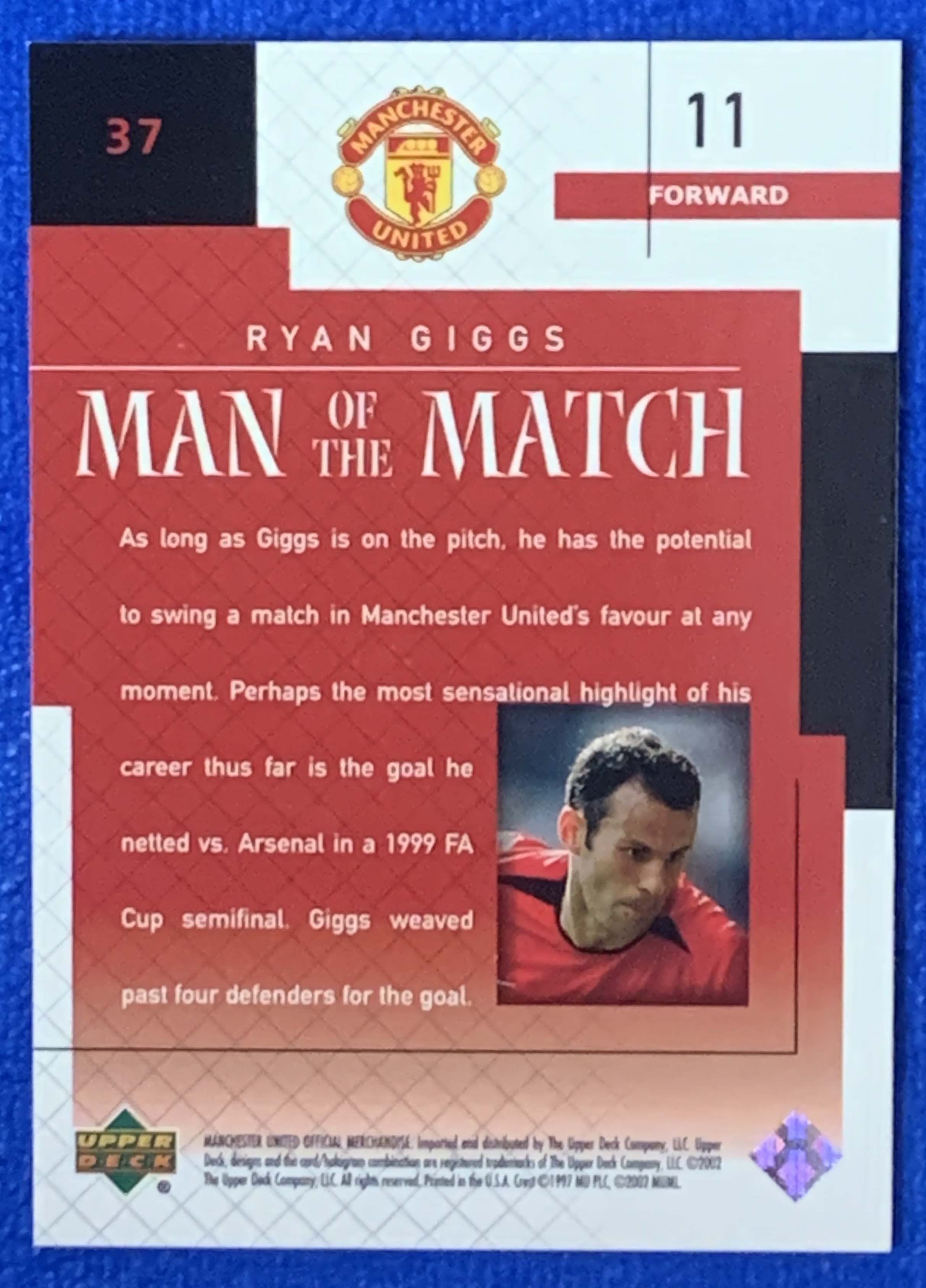 2002 Upper Deck Manchester United Ryan Giggs 亚德全场最佳特卡 曼联 吉格斯 92班 英超欧冠冠军 足总杯经典进球 威尔士Wales 不保卡品ebay有价