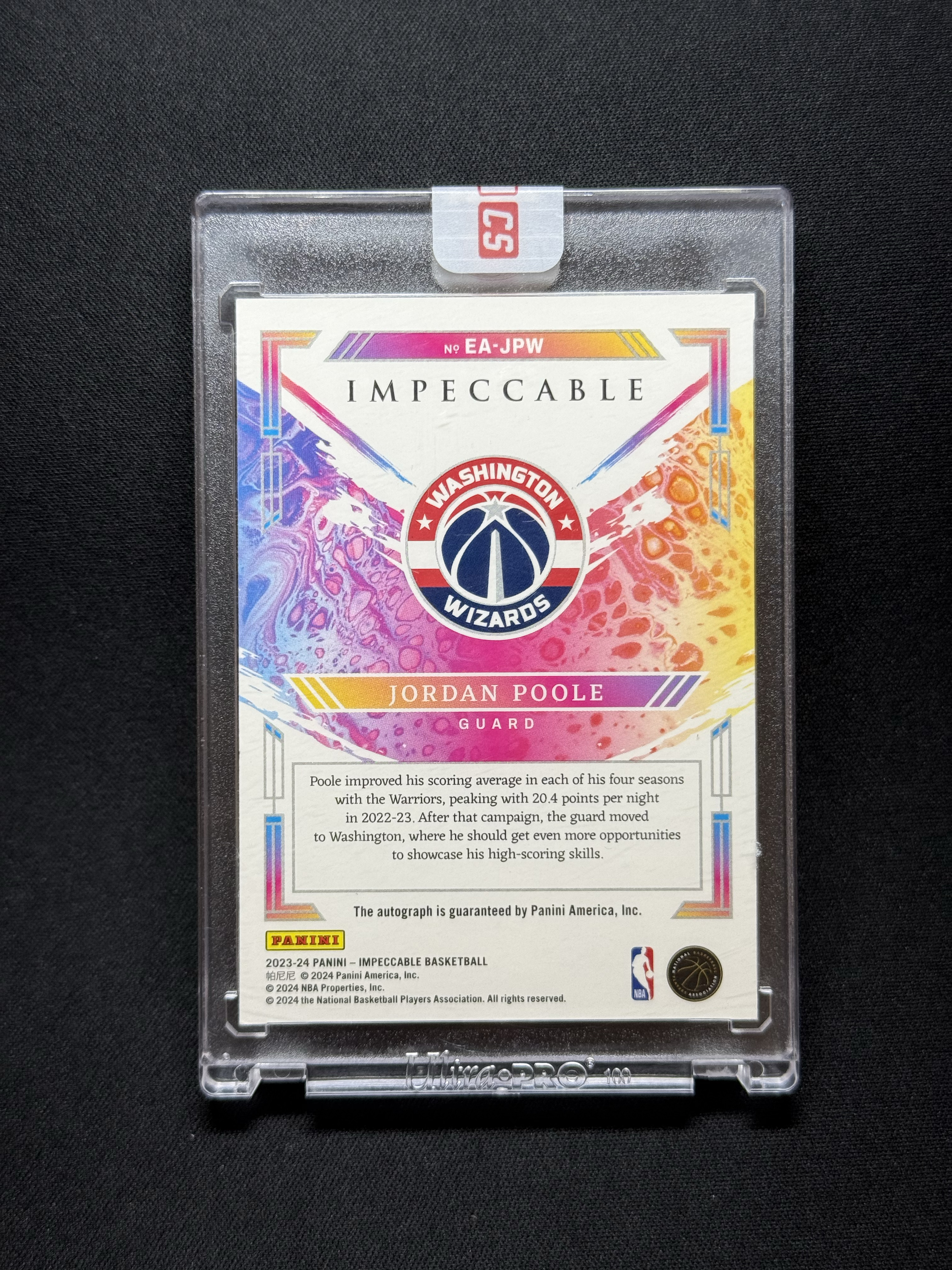 2023-24 Panini Impeccable Jordan Poole 【小贝代拍】小真金 奇才 乔丹 普尔 签字 卡签 银平行 /49编 原封砖 砖微瑕 拍前看描述 H WSH