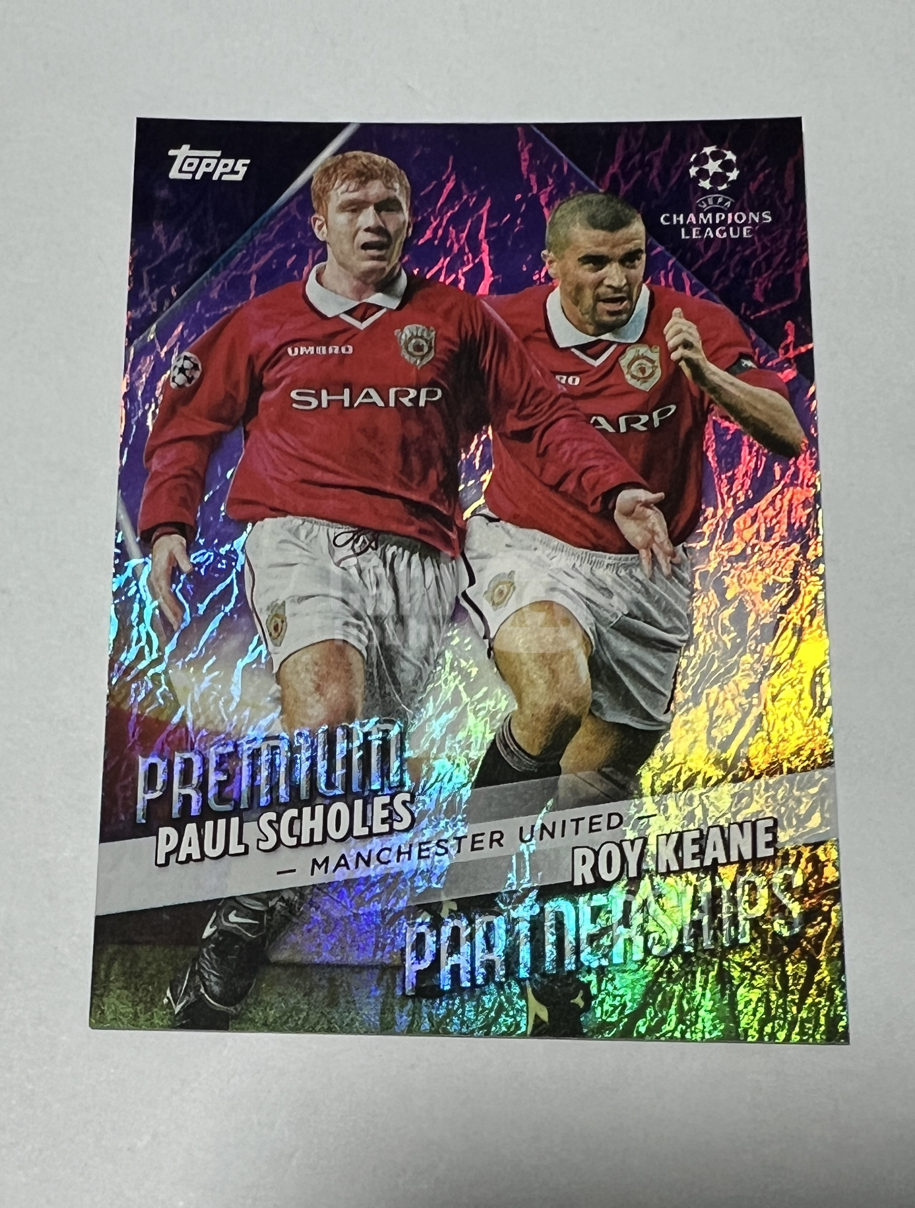 1997 Topps Topps Paul Scholes/Roy Keane 碧玉 曼联 传奇搭档 斯科尔斯 罗伊基恩 双人特卡10/15编 紫折 折射 卡品如图