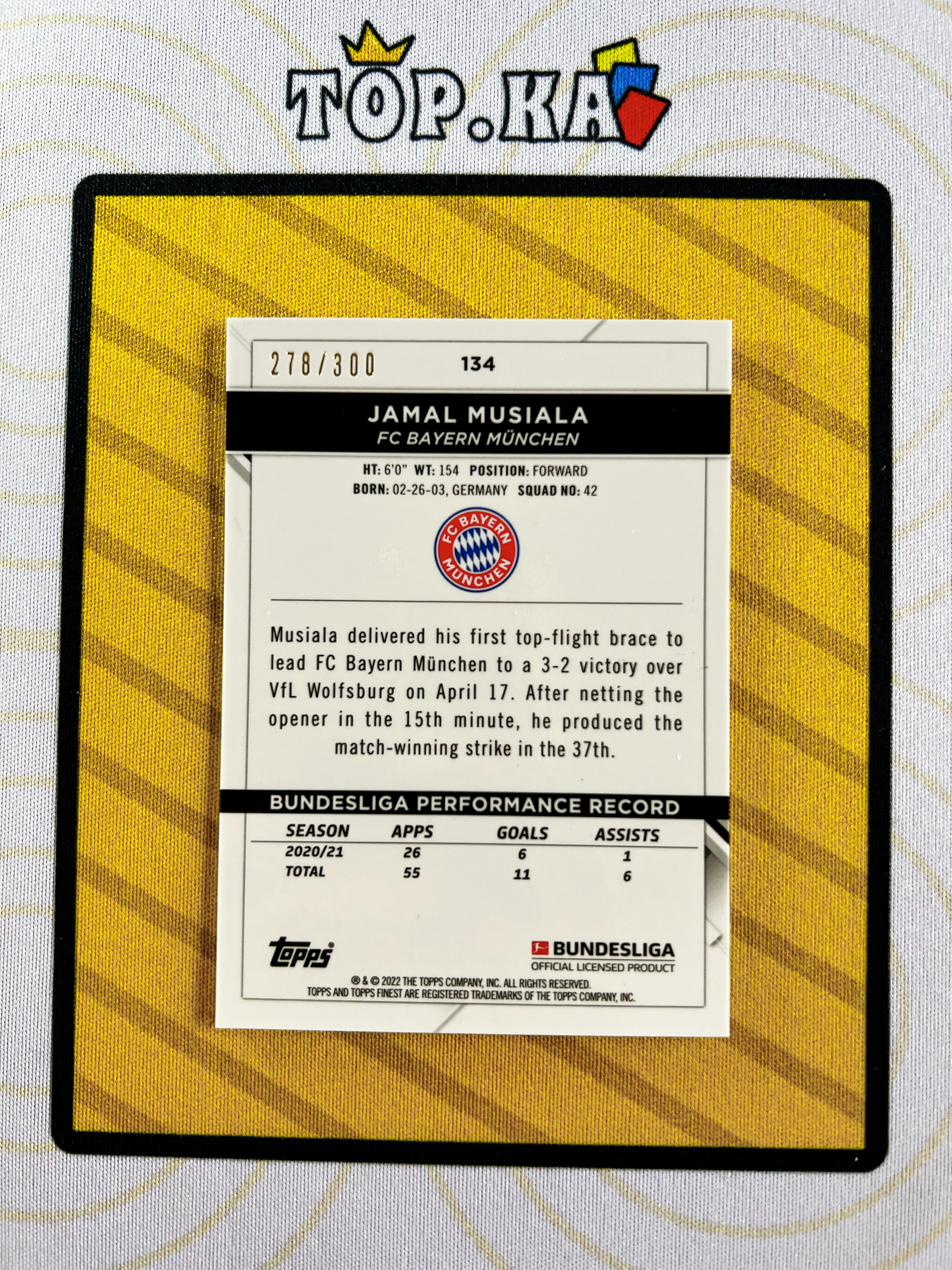 【顶尖卡社】2022 Topps Finest Jamal Musiala 德甲 穆夏拉 德国 拜仁慕尼黑 278/300编 粉波纹折 折射 详情看描述 卡品如图【LIUN】