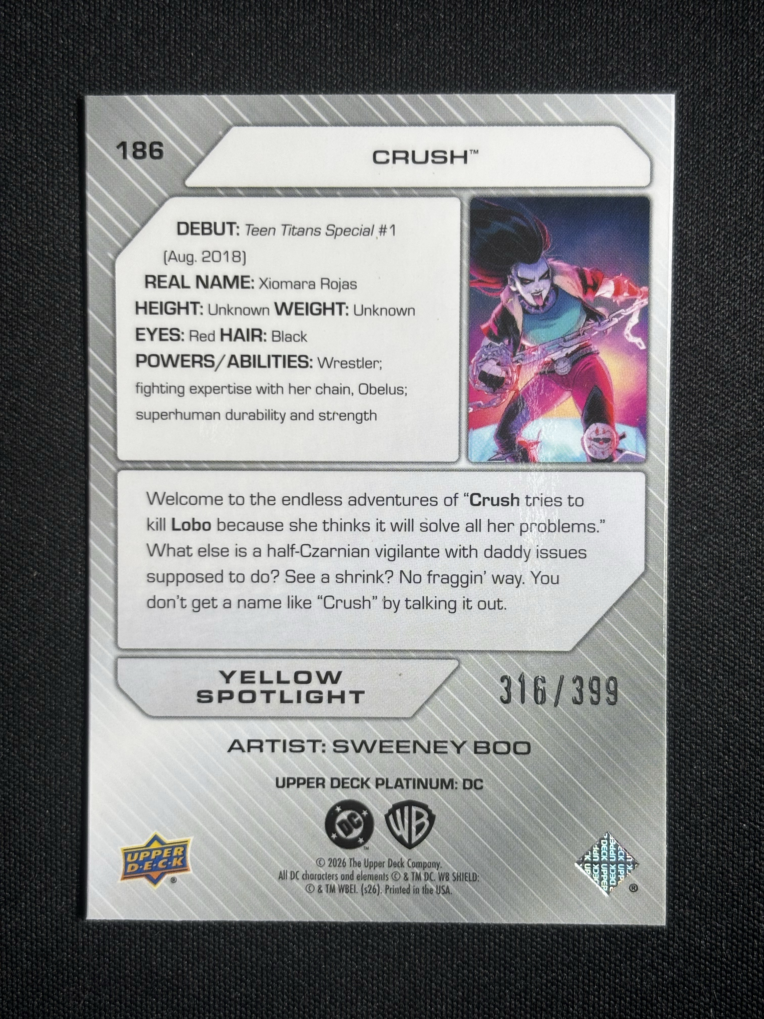 2026 Upper Deck Platinum DC Universe Crush「墨色拍卖」DC铂金 元年 克拉什 316/399 Yellow Spotlight 卡品如图 BCH9