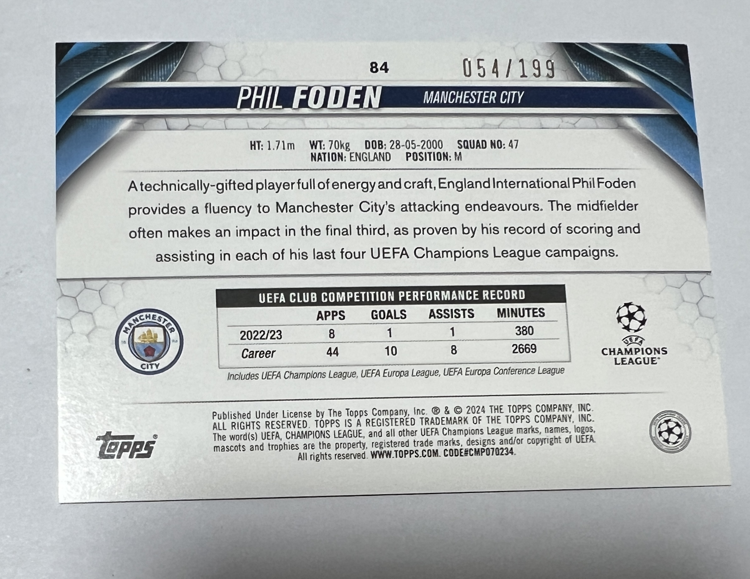 2024 Topps Topps Phil Foden 福登 菲尔福登 欧冠 曼城 绿折 054/199编 卡品如图