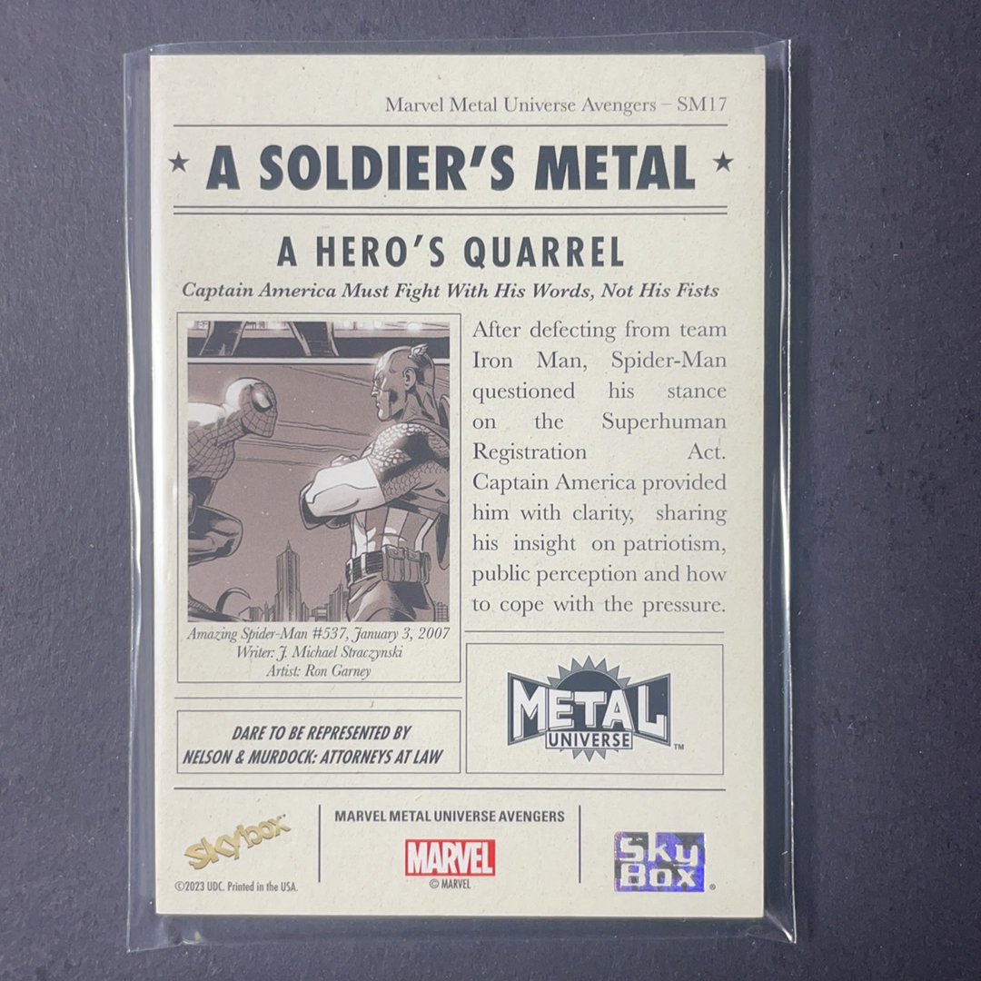 2024 SkyBox Marvel (MCU) 复仇者联盟 美国队长vs蜘蛛侠 大比例插放 箱货 战士的徽章沙盒特卡 序号SM17 2024 UD漫威漫画Metal Universe复联系列