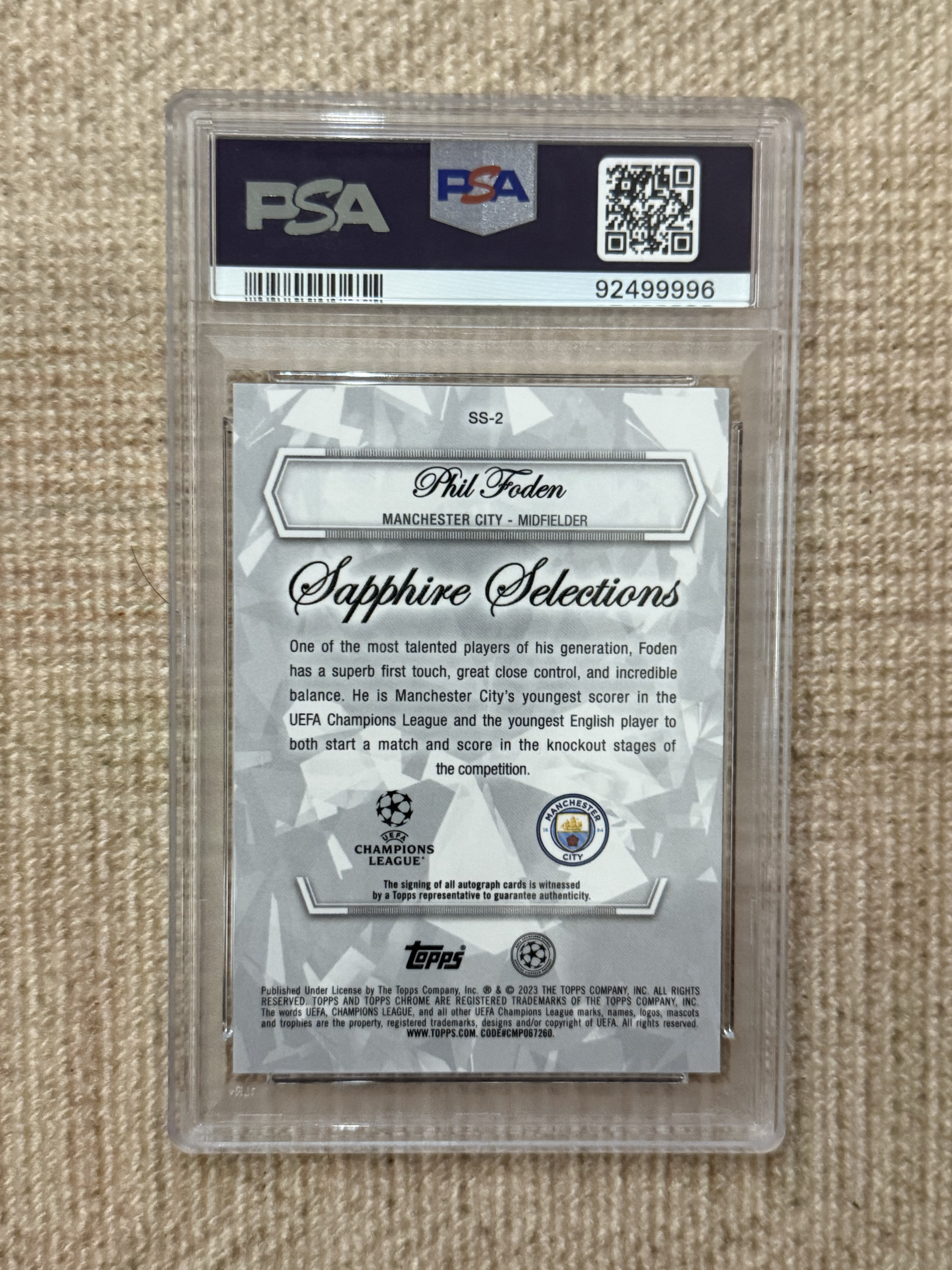 2022-23 Topps CHROME SAPPHIRE Phil Foden 菲尔 福登 蓝宝石精选 签字 曼城 1/5编 红宝石 PSA10 pop1! 低编 实卡好看 评级豹子号4个9!