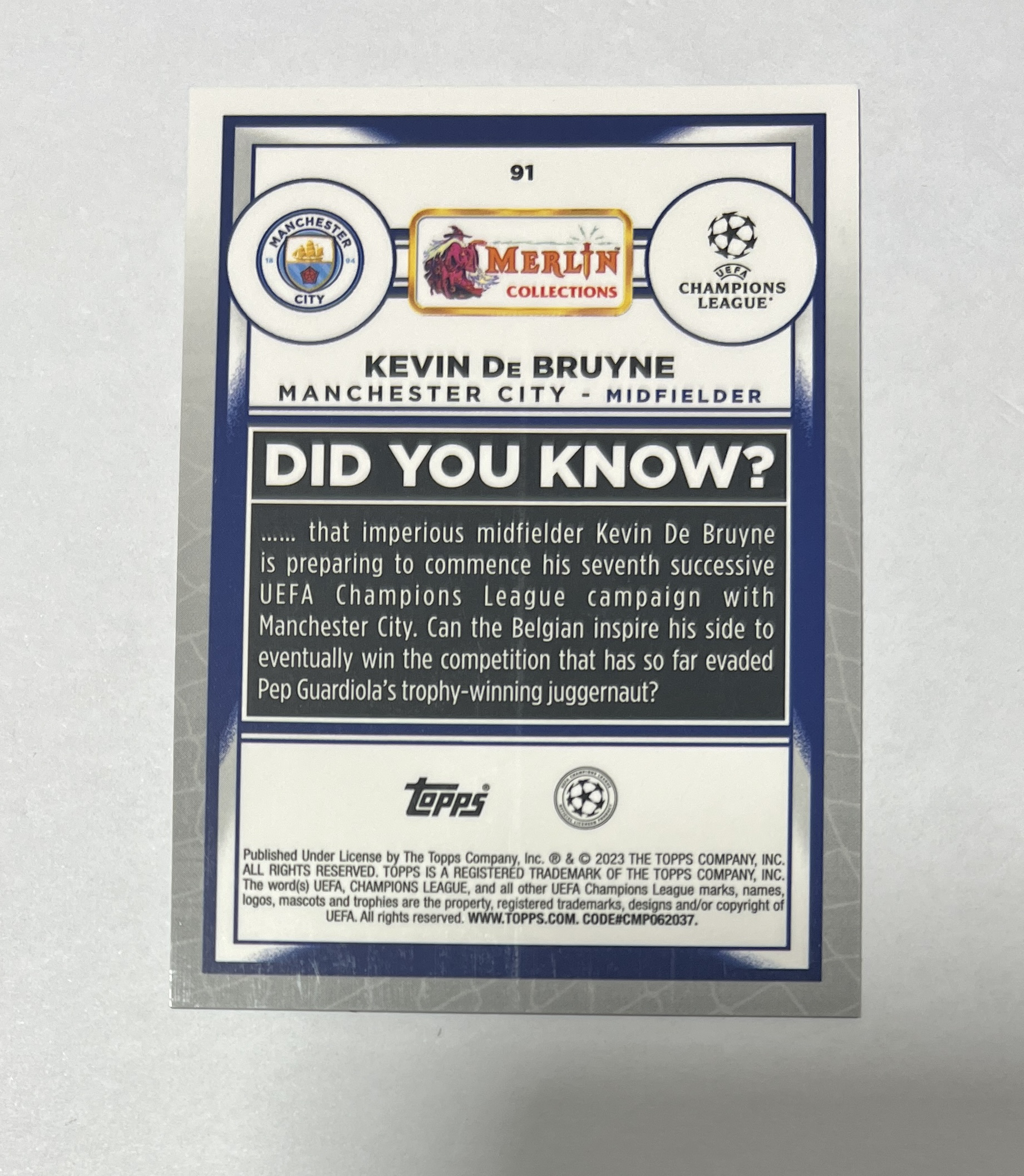 2023 Topps Merlin Kevin De Bruyne 曼城 那不勒斯 比利时国脚 凯文 德布劳内 199编 绿折 带编 卡品如图