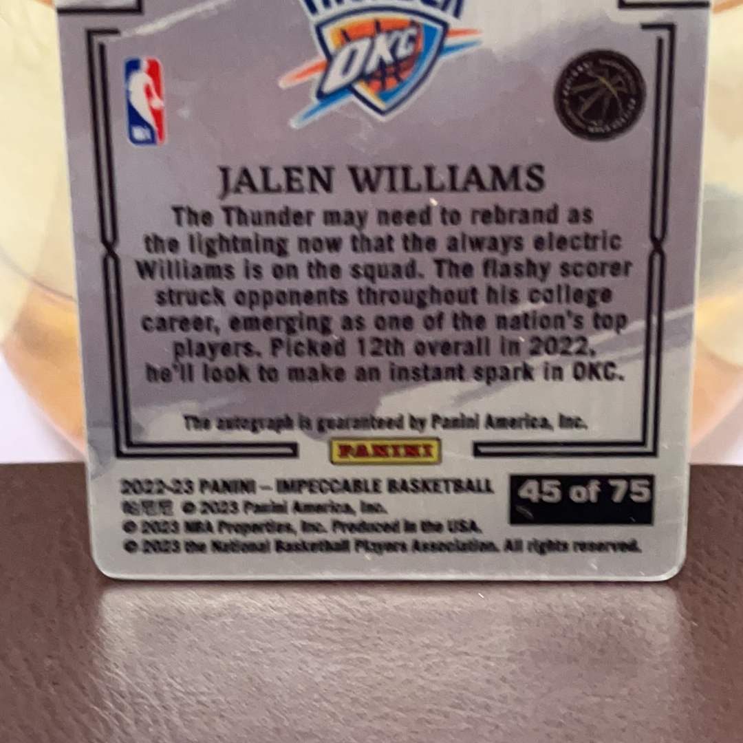 2022-23 Panini Impeccable Jalen Williams RC 雷霆 夺冠队伍 新秀 老八 杰伦 威廉姆斯 小真金 铁板 签字 卡签 75编 卡品如图