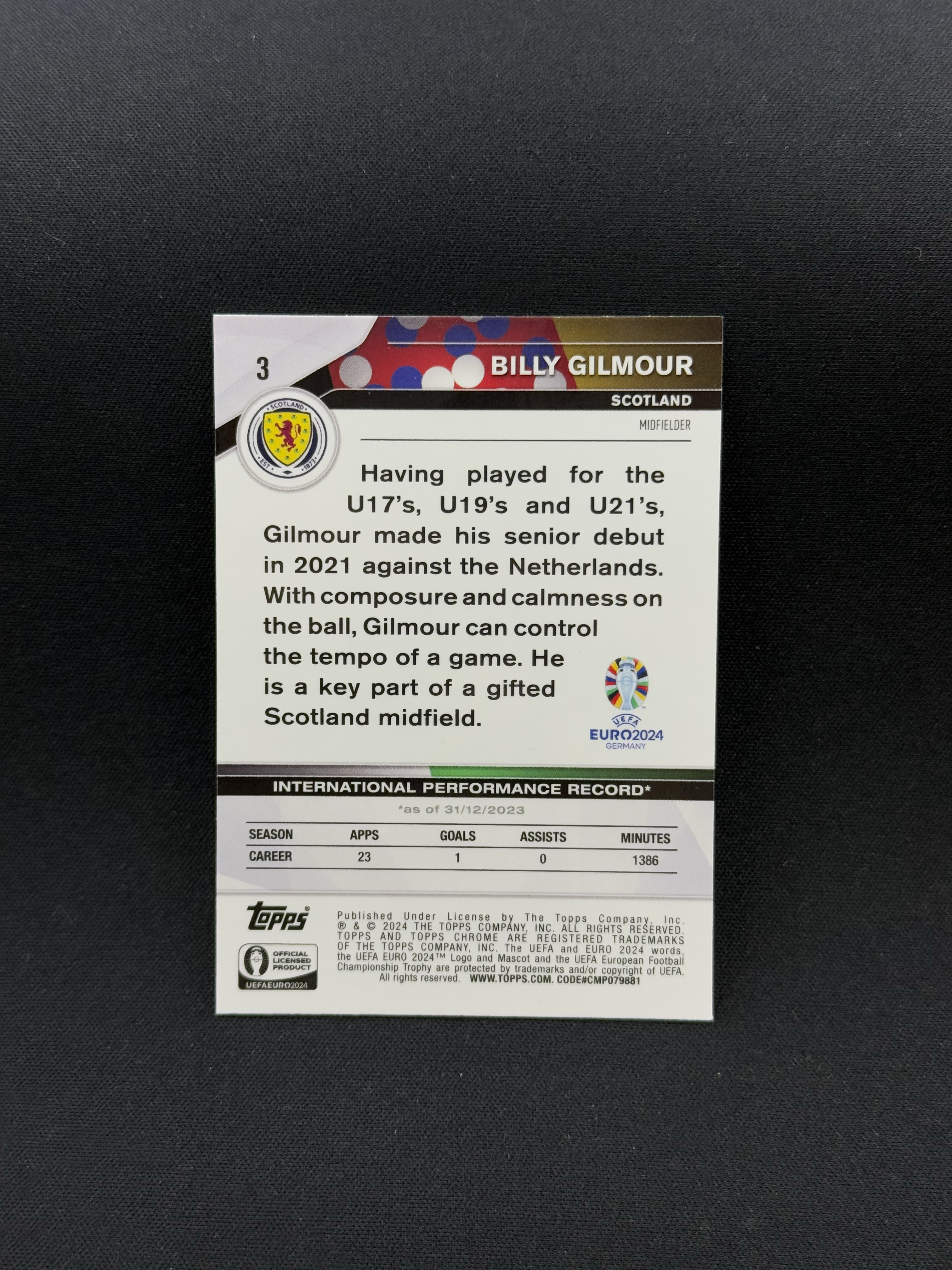 2024 Topps Chrome Billy Gilmour 【小贝代拍】元年 欧洲杯 Tc 苏格兰 吉尔莫 队色折 99编 卡品如图 拍前看描述 XNP