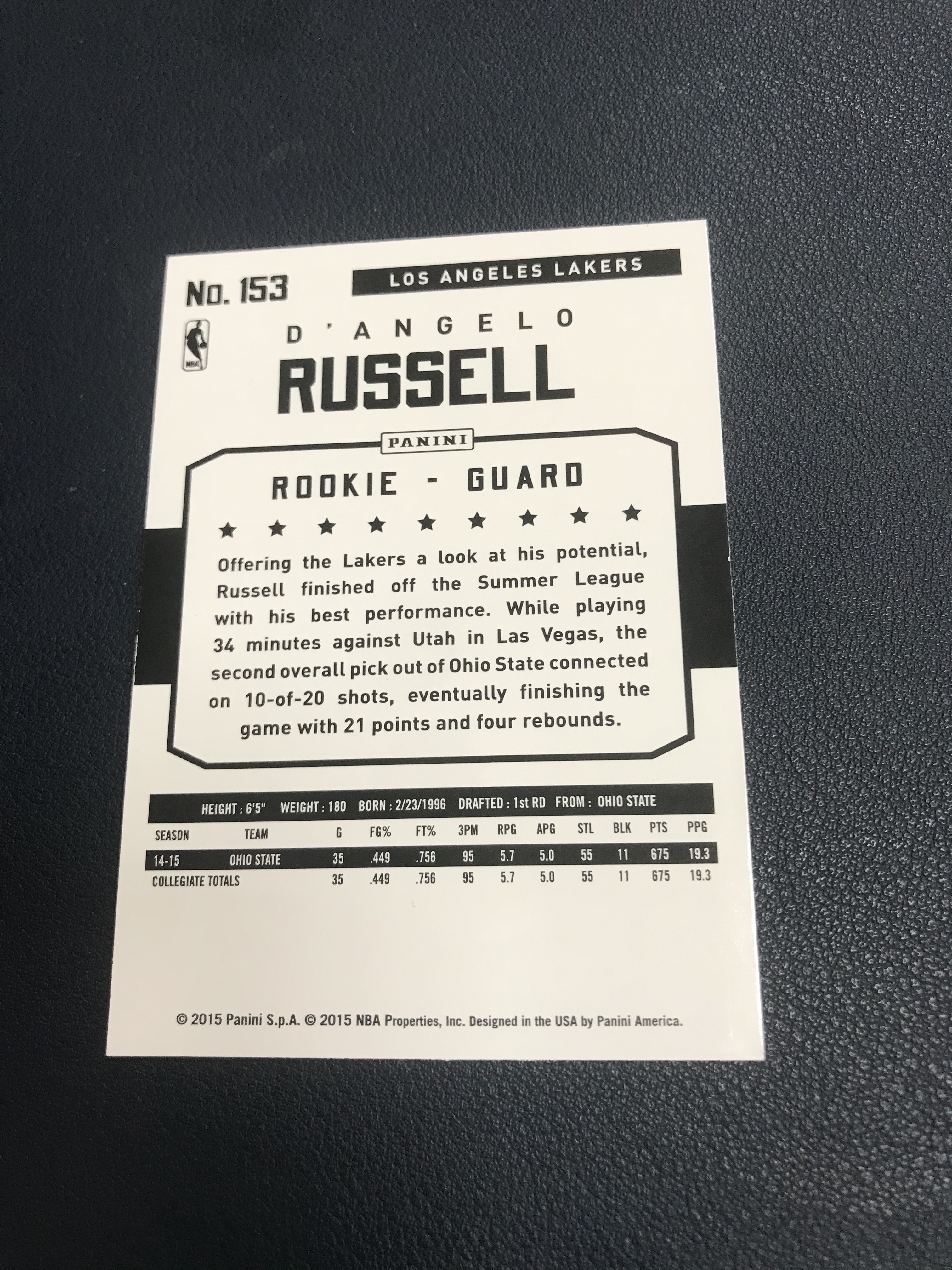 2015-16 Panini NBA Hoops Hot Prospects D'Angelo Russell RC 水拉拉塞尔湖人时期新秀卡