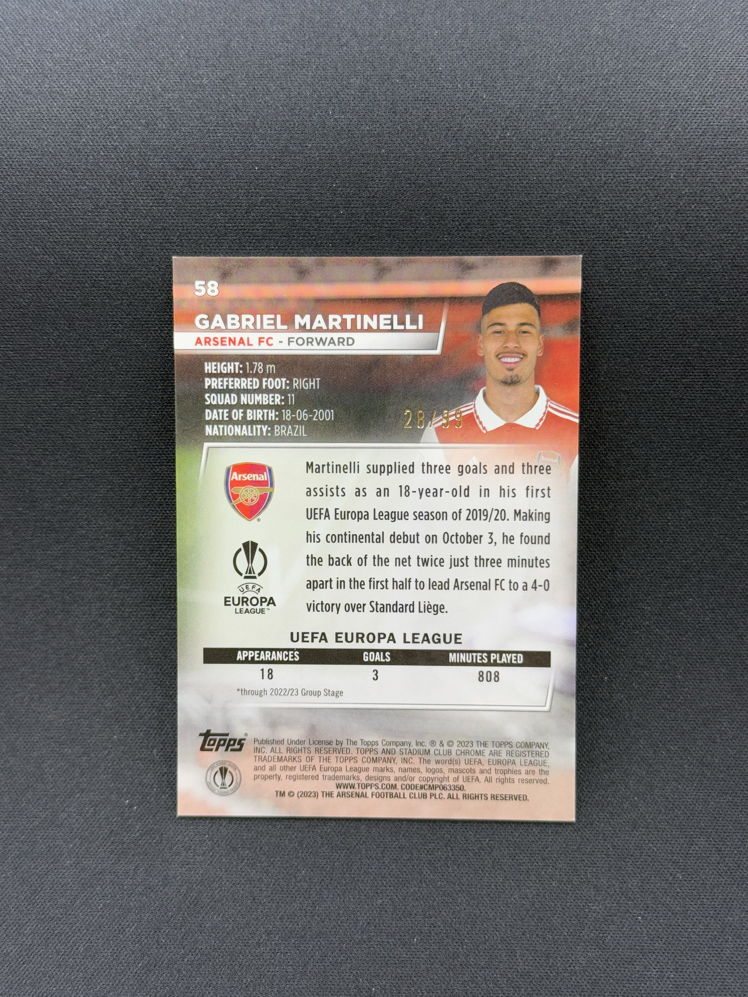 2022-23 Topps Stadium Club Gabriel Martinelli 【小贝代拍】欧战 竞技场 阿森纳 巴西 马丁内利 绿折 99编 卡品如图 拍前看描述 H HimL