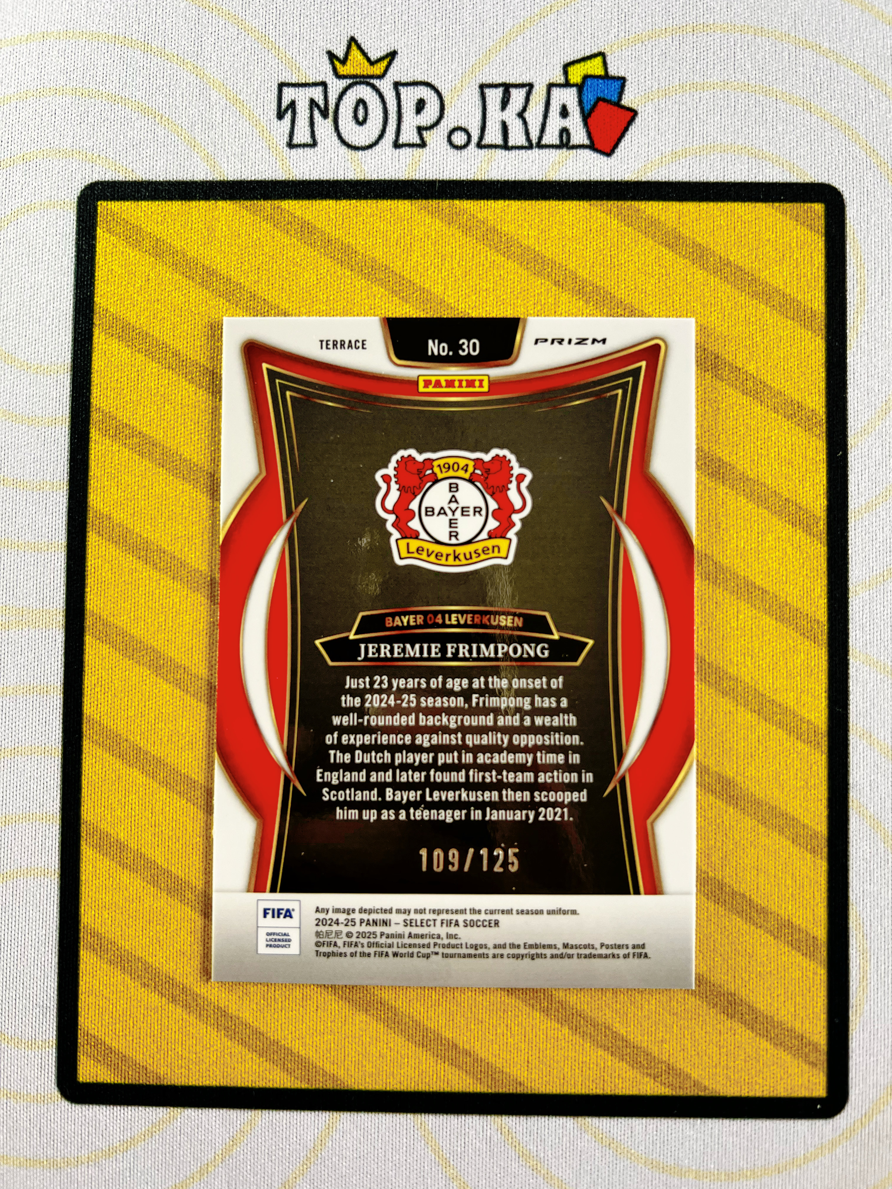 【顶尖卡社】2024-25 Panini Select Jeremie Frimpong FIFA 弗林蓬 勒沃库森 德甲 一级 荧光橙棋盘 折射 109/125编 详情看描述 卡品如图【LIUN】