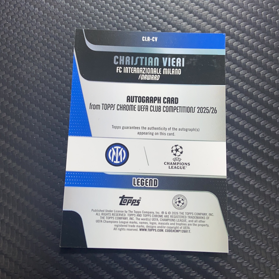 2025-26 Topps Chrome 卡品如图(一哥) TC 欧冠 Christian Vieri 克里斯蒂安 维埃里 国际米兰 意大利 签字 绿折 37/99编