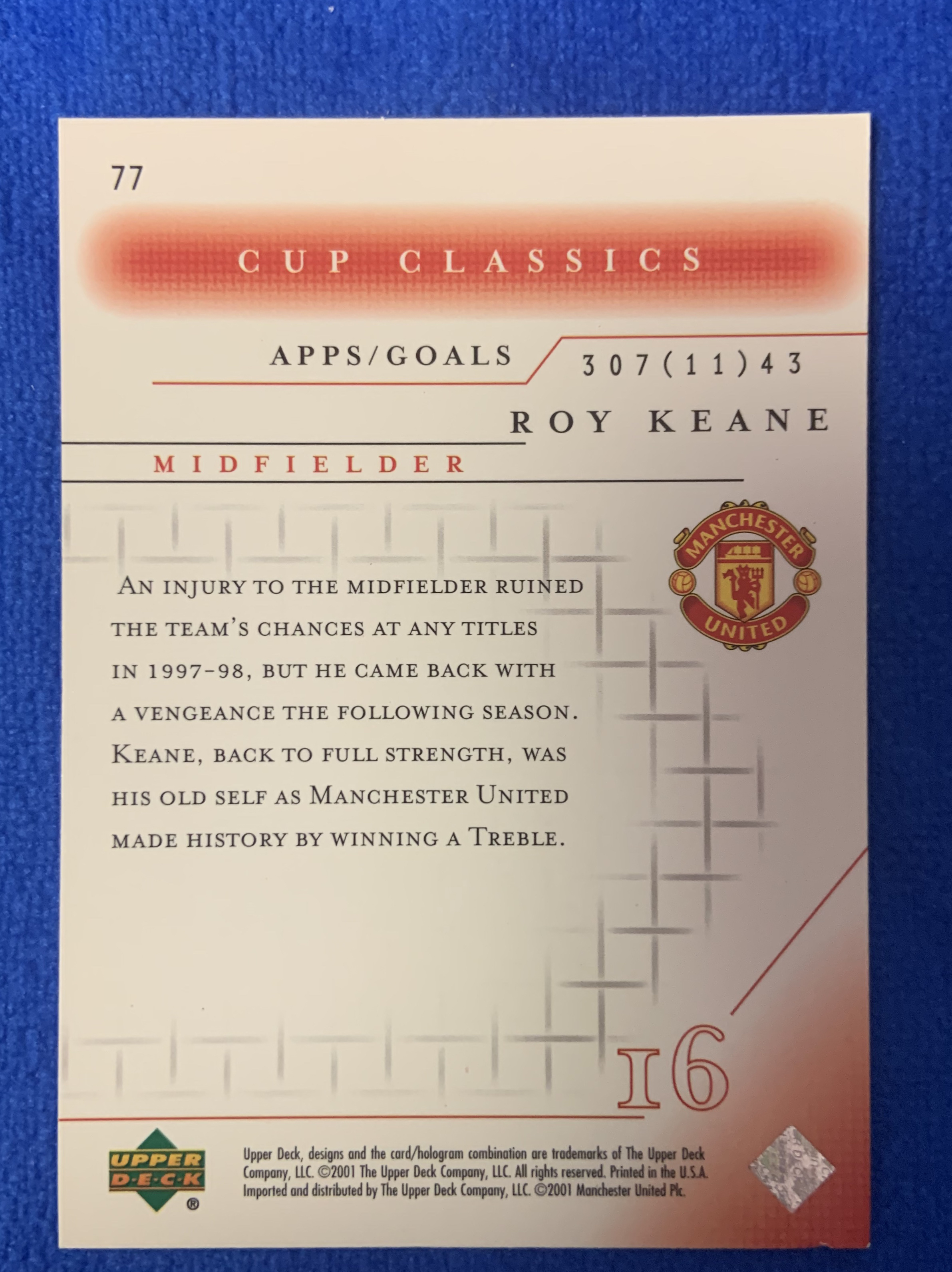 2001 Upper Deck Manchester United Roy Keane 亚德杯赛经典特卡 曼联铁血队长 基恩 三冠王 爱尔兰Ireland 经典老卡 近乎绝版 不保卡品ebay有价