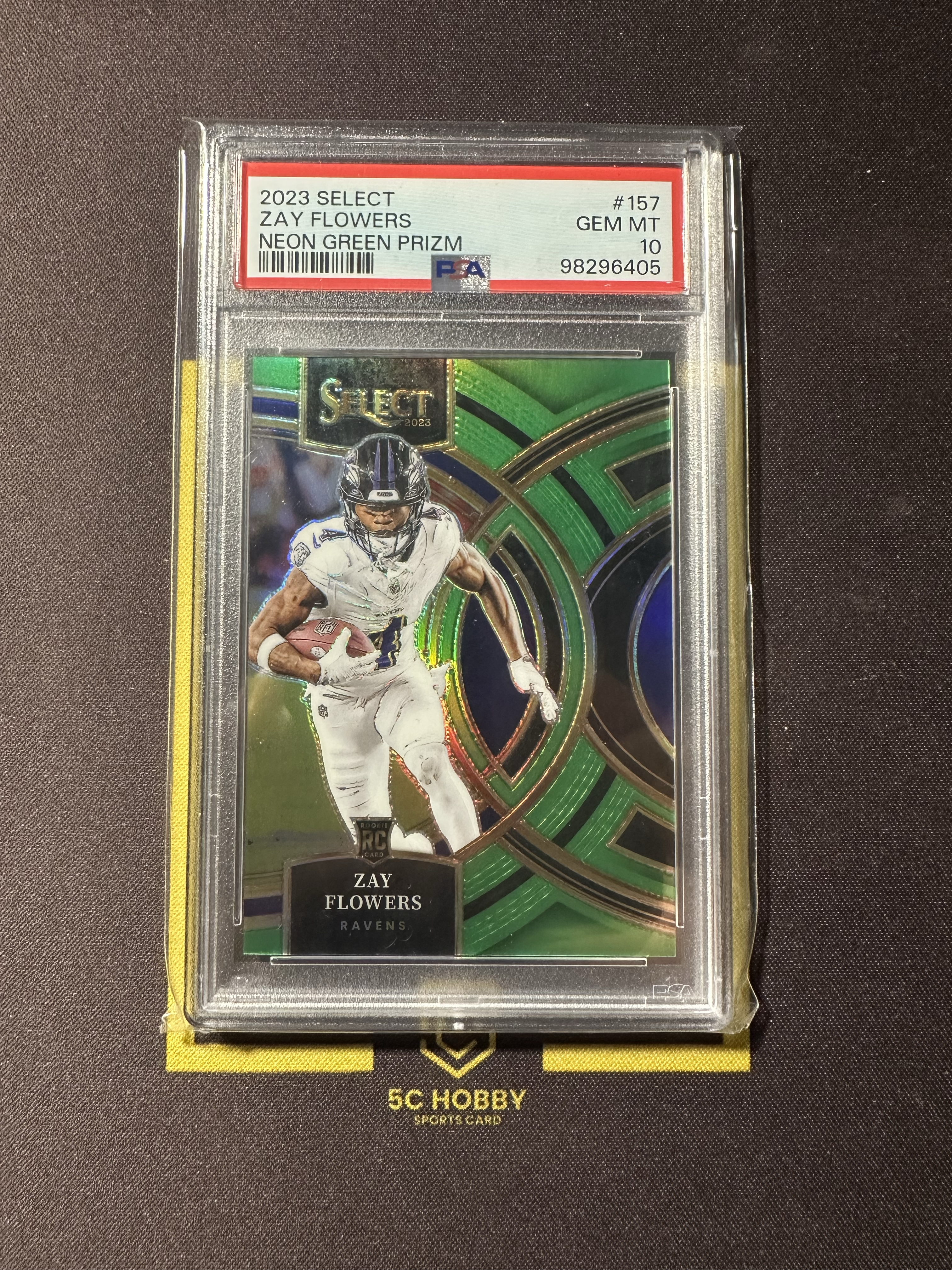 2023 Panini Select Zay Flowers RC 【主演出卡】乌鸦队 超级新人 小花 Flowers NEON GREEN PRIZM #157 PSA10