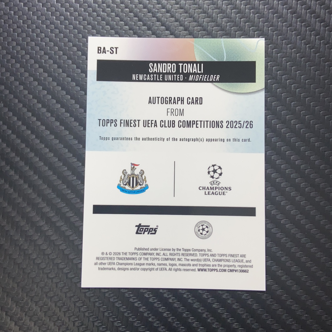 【小牛代拍】2025-26 Topps Finest 欧冠 Sandro Tonali 纽卡斯尔联 桑德罗 托纳利 签字 绿波纹折 绿折 69/99编 卡品如图(挺好)