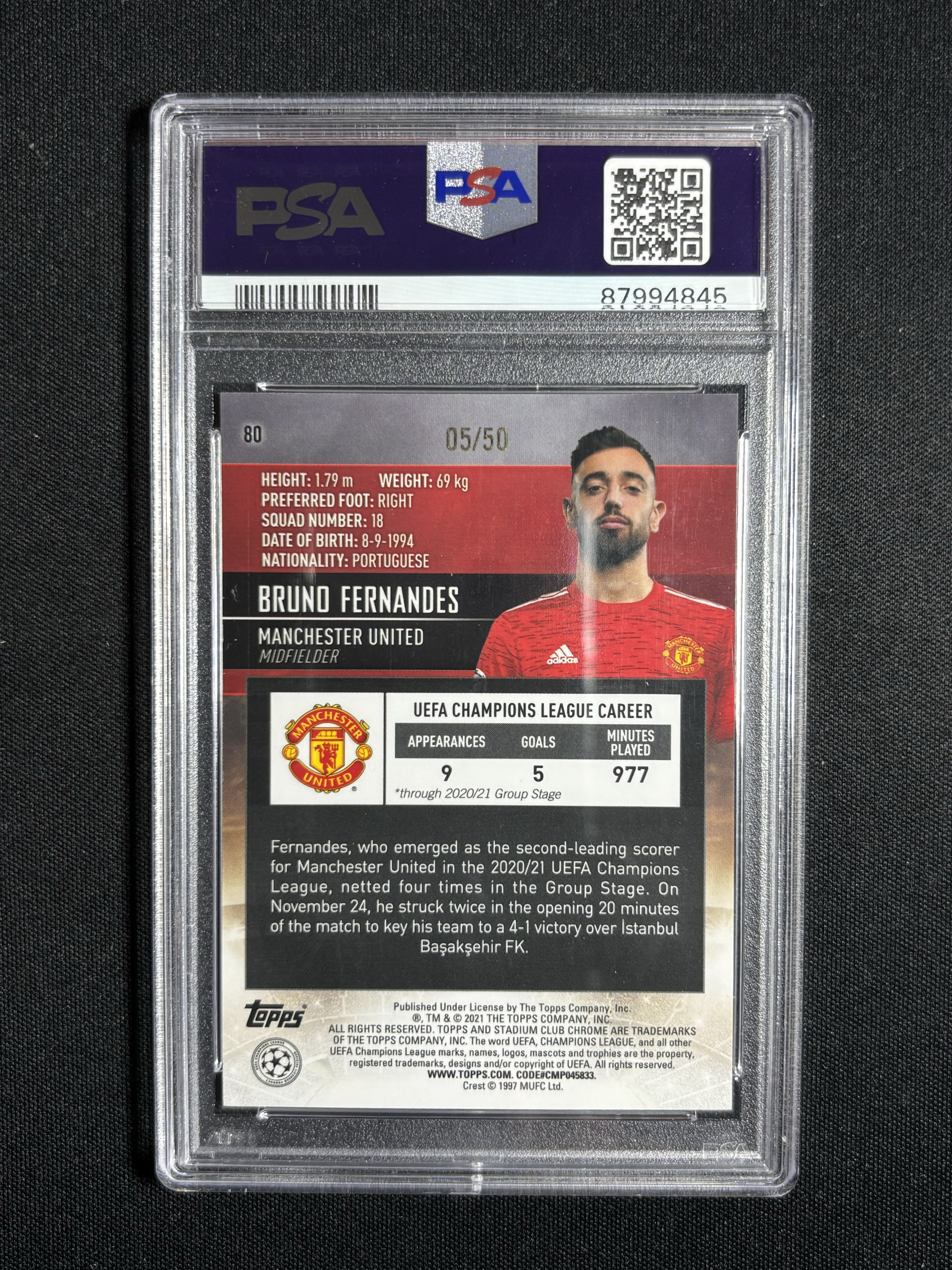 2020-21 Topps Stadium Club Bruno Fernandes 「墨色拍卖」 竞技场 曼联 布鲁诺 费尔南德斯 B费 05/50 Gold 金折 PSA 10 BCH9