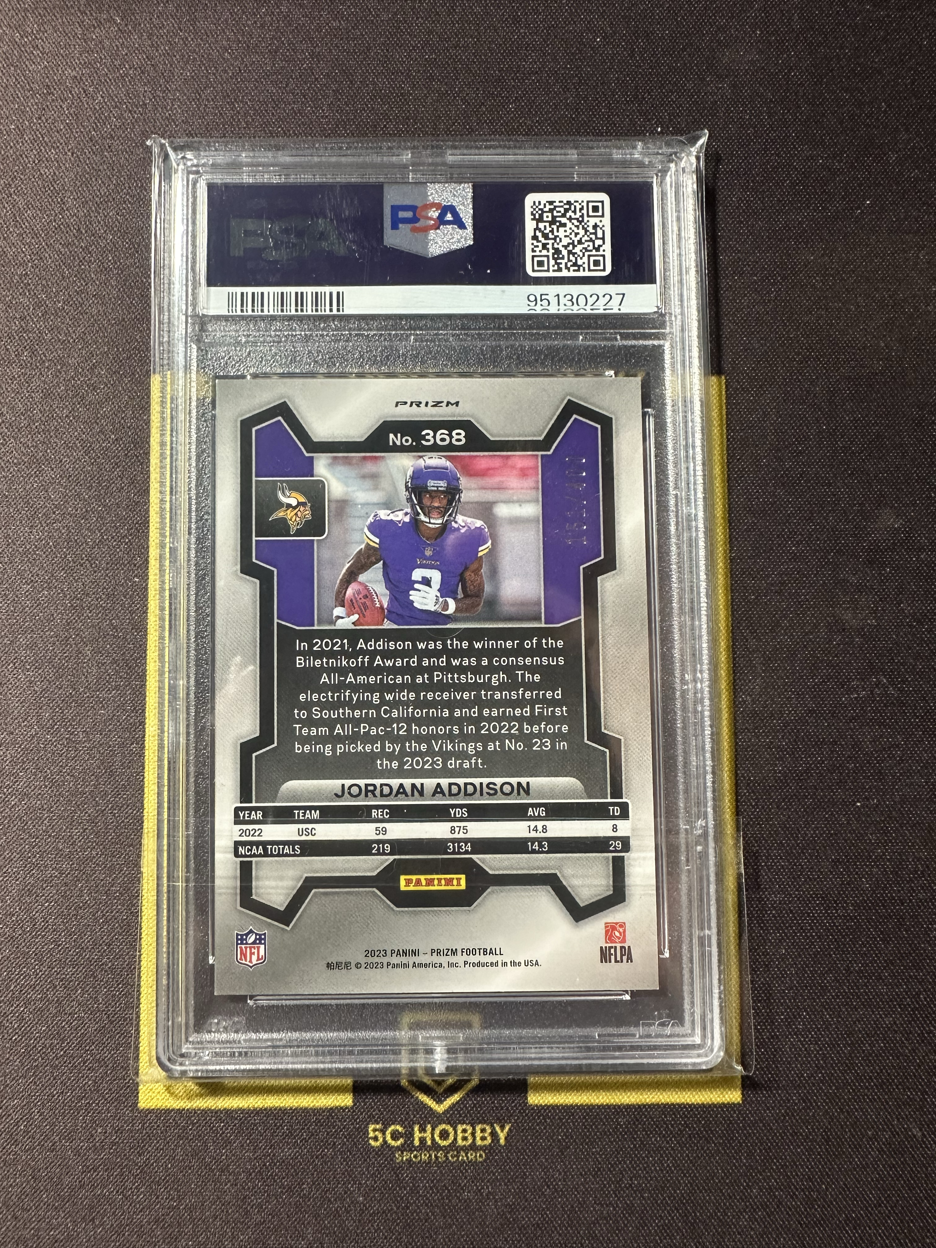 2023 Panini Prizm Jordan Addison RC 【主演出卡】维京人 超级新秀 爱迪生 prizm /400 新秀 PANDORA #368 PSA9