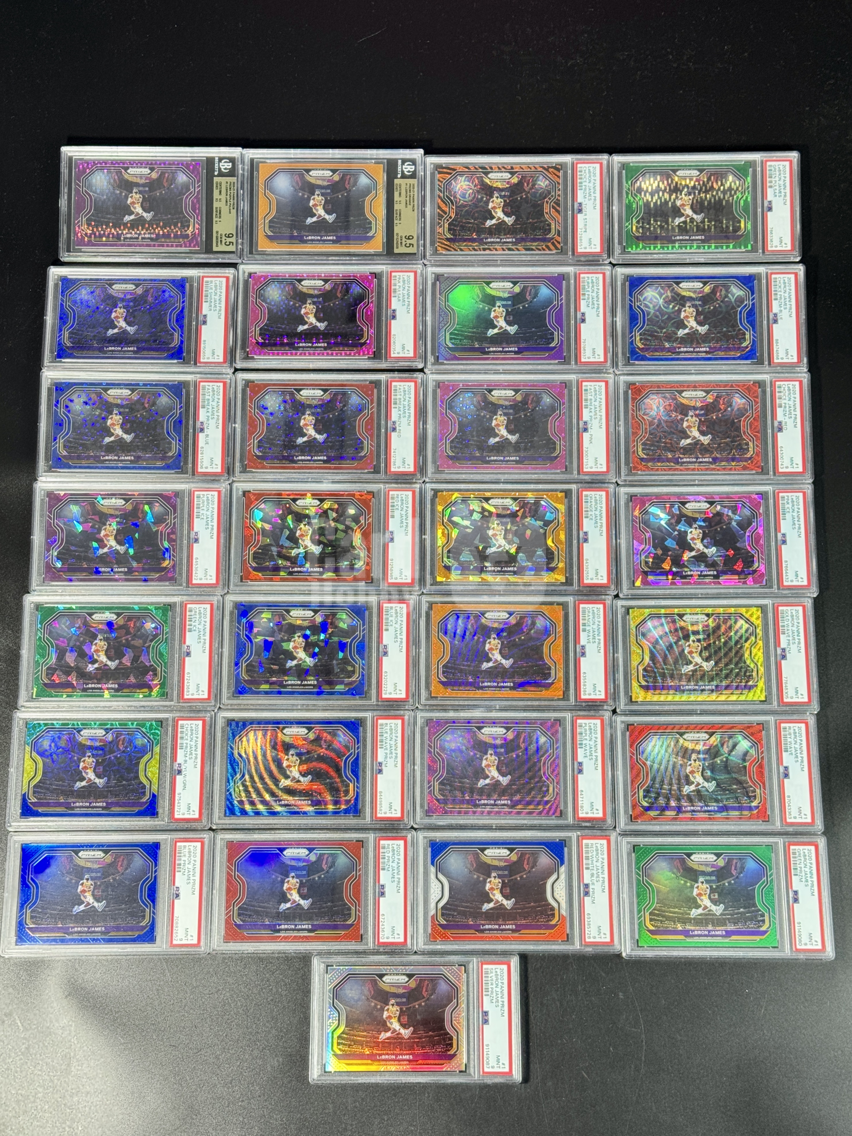 【喷子拍卖】2020-21 Prizm LeBron James lots 湖人 勒布朗 詹姆斯 剪刀脚 彩虹折射 老虎折 紫粉绿脉冲折 红蓝圈圈折 碎冰折 金波纹折 25编 35编 42编 49编 PSA9 BGS金标9.5 29张 小红