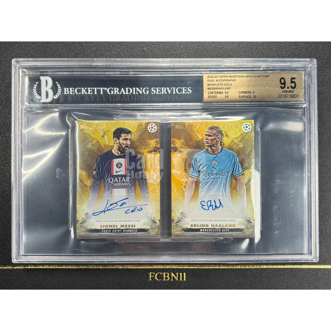 【FCB拍卖】2022-23 TOPPS INCEPTION MESSI HAALAND 梅西 哈兰德 1/1编 金折 一编 双签 签字 小书 GOLD BGS9.5金标 巴萨 巴黎 曼城 欧冠盗梦空间｛DK038｝FCBN11代理拍卖