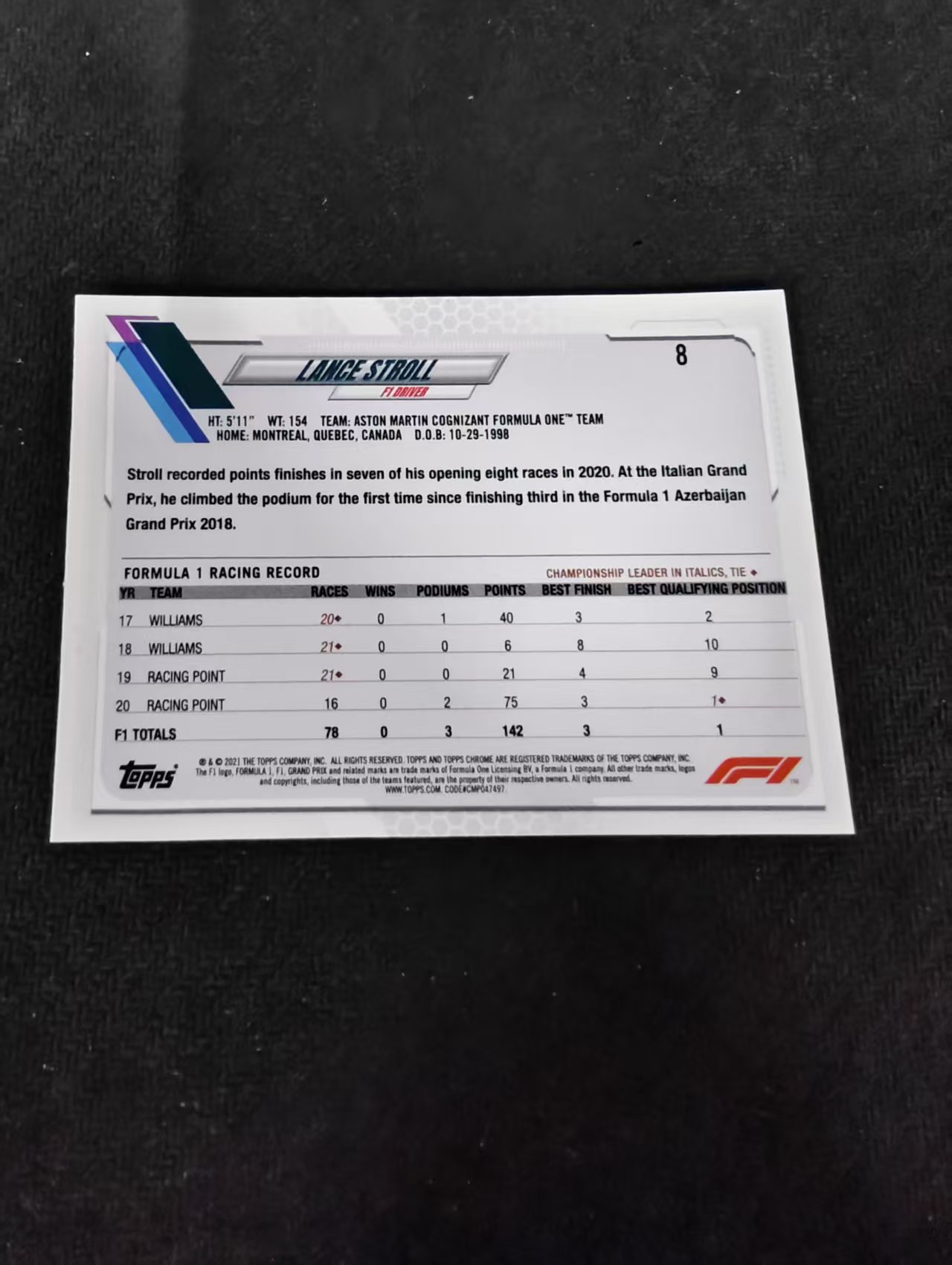 2021 Topps Chrome F1 Lance Stroll 兰斯 斯托尔 划痕 边角瑕疵 #8