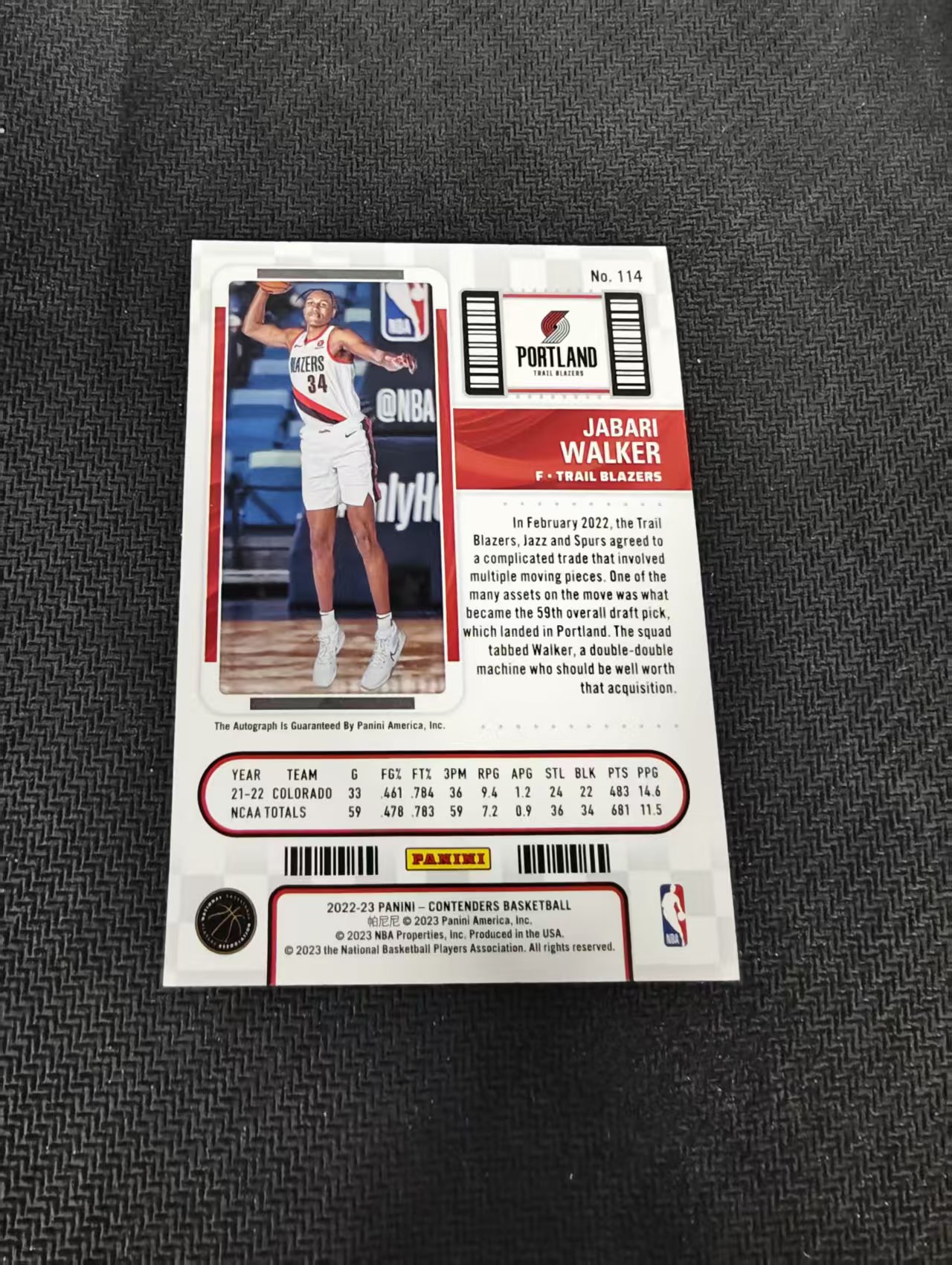 【汽水拍卖】2022-23 panini contenders jabari walker 球票 开拓者 贾巴尔 沃克 RC 新秀 签字 卡签 微瑕如图