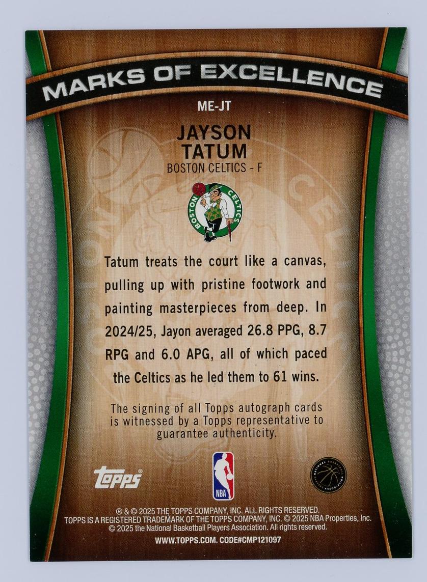 2025-26 Topps Flagship Jayson Tatum 杰森塔图姆 签字 Marks of Excellence 卓越签 凯尔特人 卡品如图 1BL6/11.9