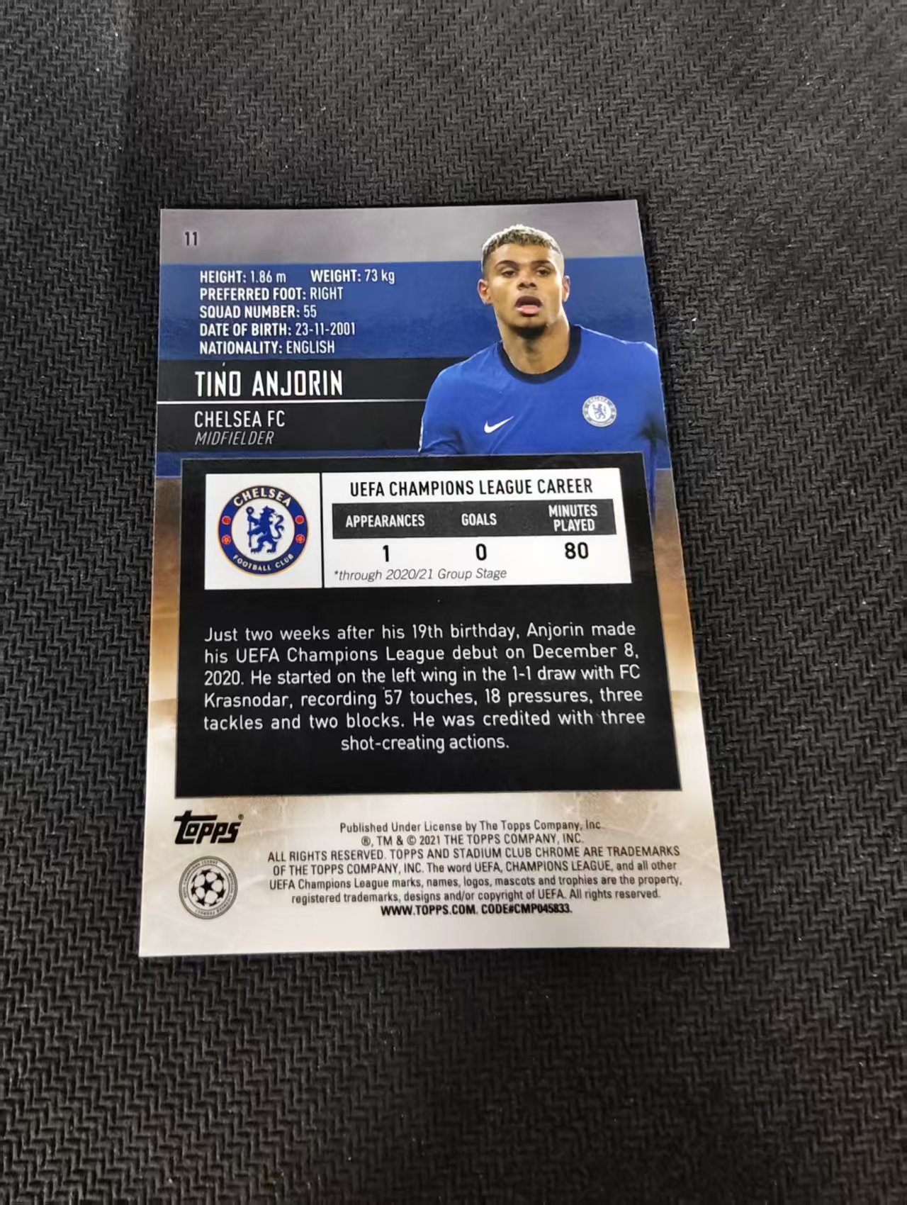 【可合并,不累计】2021 Topps Stadium Club Chrome Tino Anjorin RC 切尔西 安乔林 新秀 竞技场 欧冠 划痕 边角瑕疵 #11