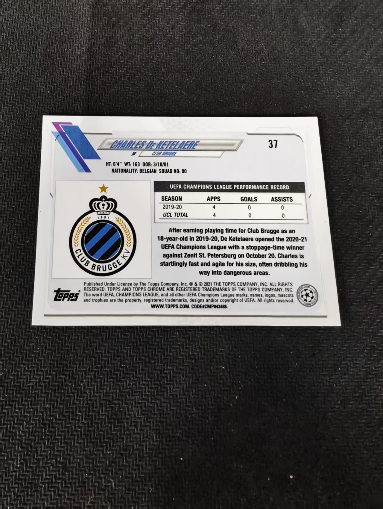 【可合并,不累计】2021 Topps Chrome Charles de Ketelaere 欧冠 碎点折 碎花折 德凯特莱尔 布鲁日 划痕 边角瑕疵 #37