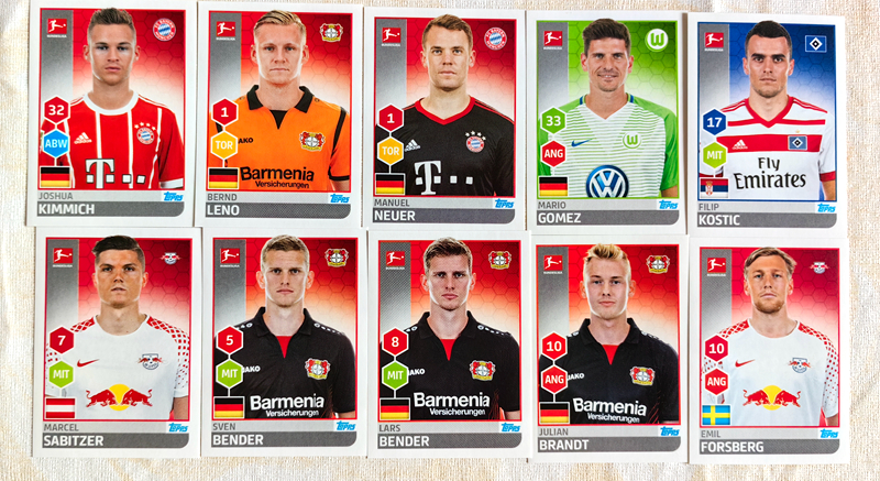 Topps 2017-18 德甲 贴纸 诺伊尔 基米希 戈麦斯 本德兄弟 布兰特 萨比策 科斯蒂奇 福斯贝里 拜仁 药厂 汉堡 狼堡 莱比锡