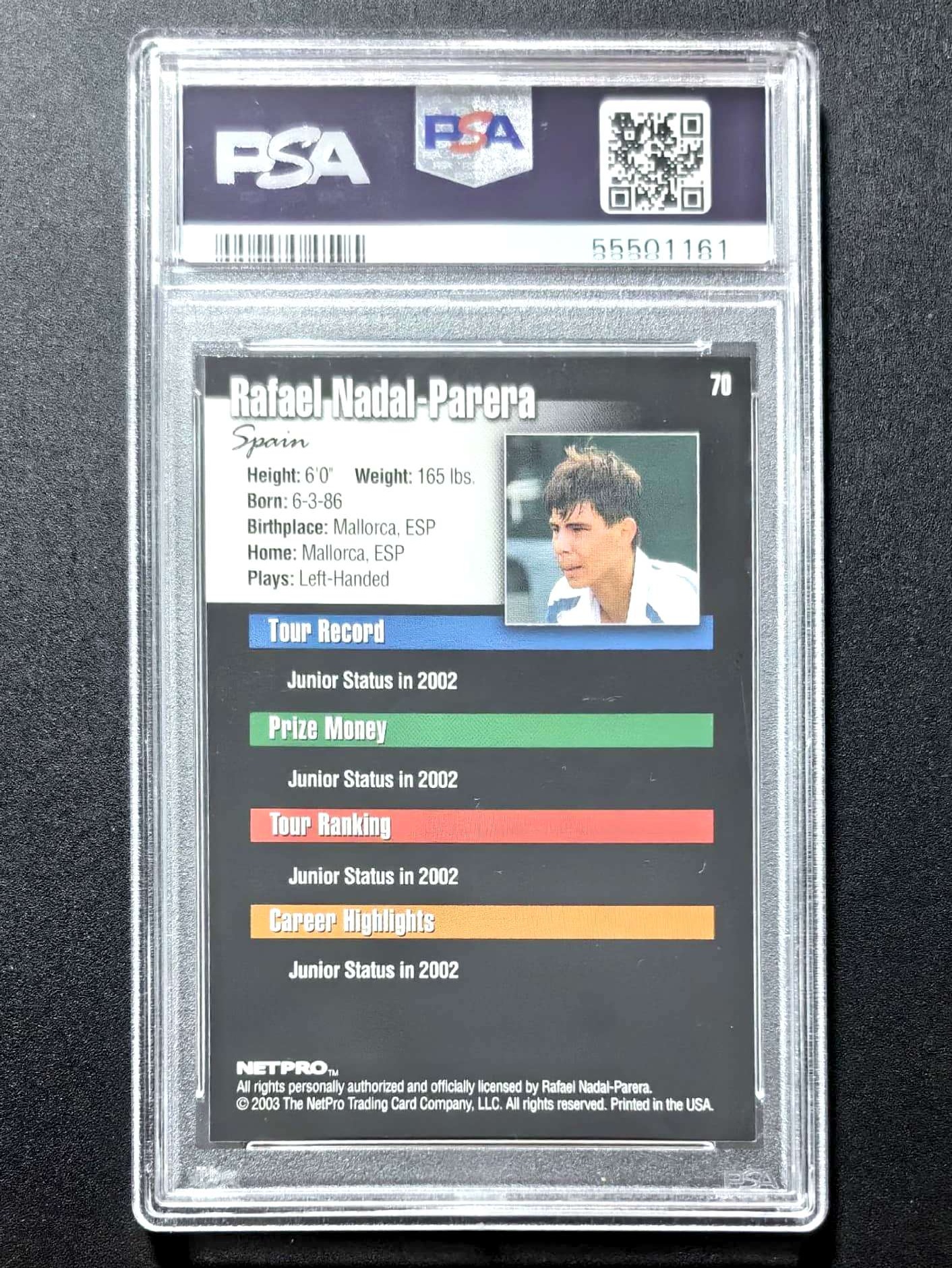Carte Rookie Rafael Nadal 2003 NetPro International Series #77 - Gradée SGC 9