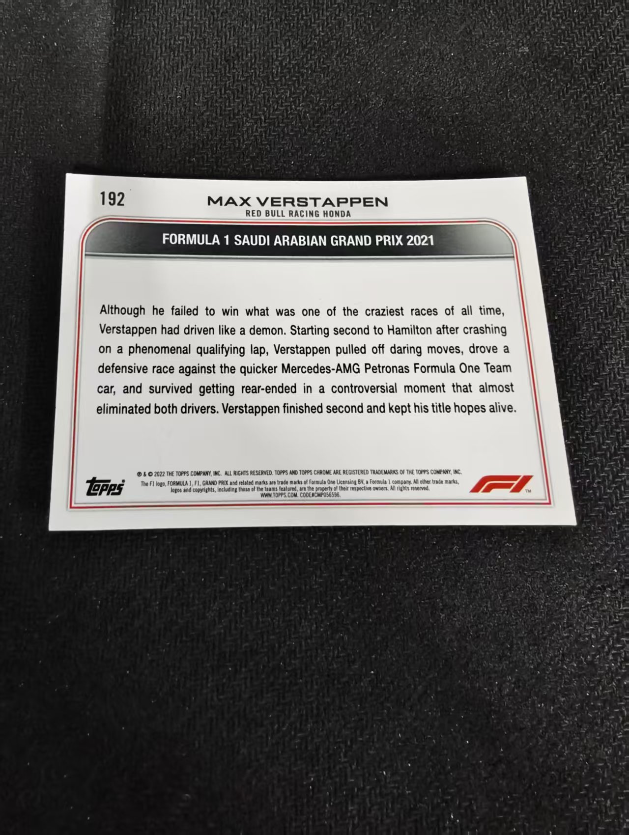 2022 Topps Chrome F1 Max Verstappen 维斯塔潘 红牛 划痕 边角瑕疵 #192
