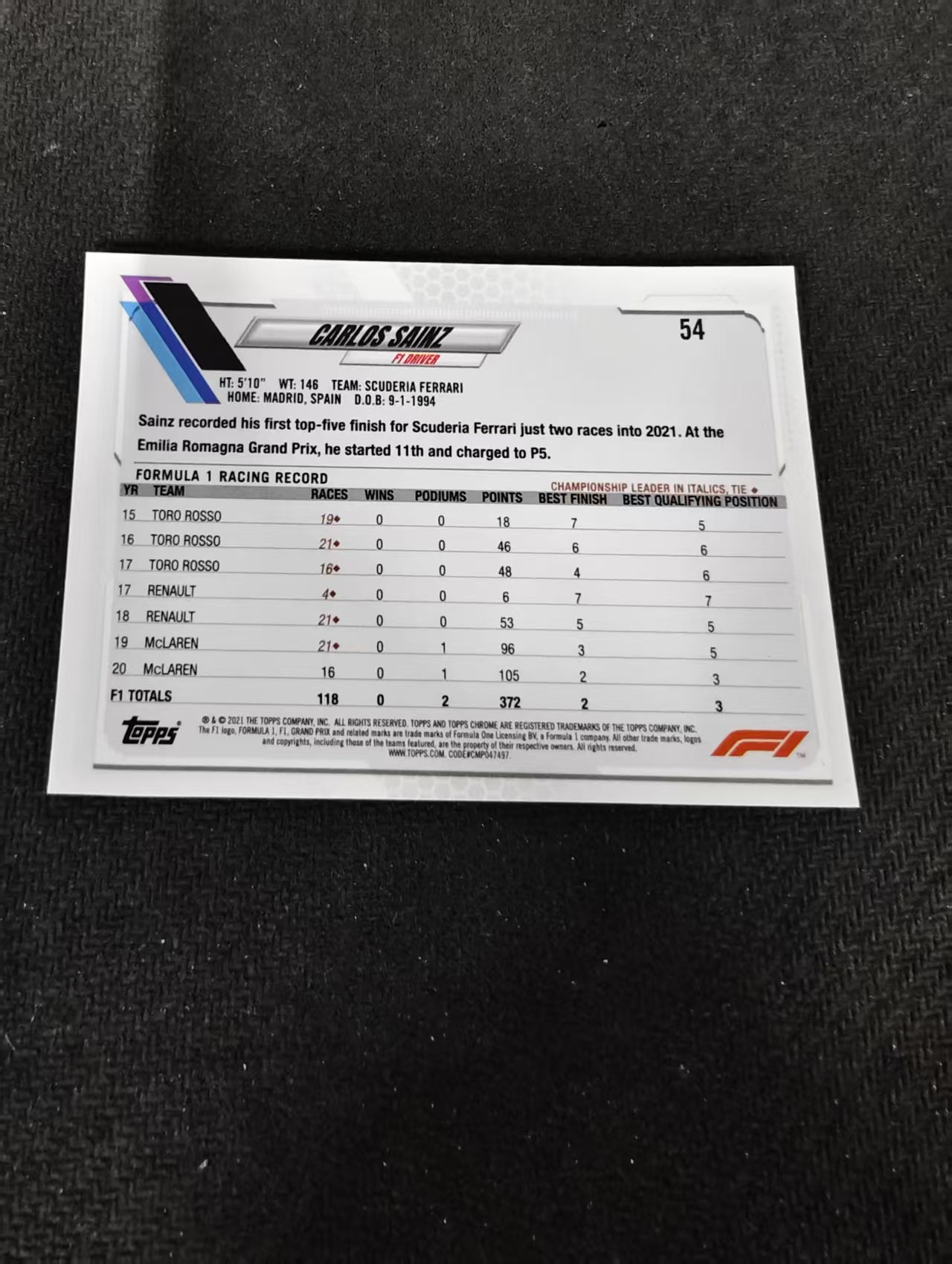 2021 Topps Chrome Carlos Sainz F1 法拉利车队 卡洛斯 赛恩斯 划痕 边角瑕疵 #54