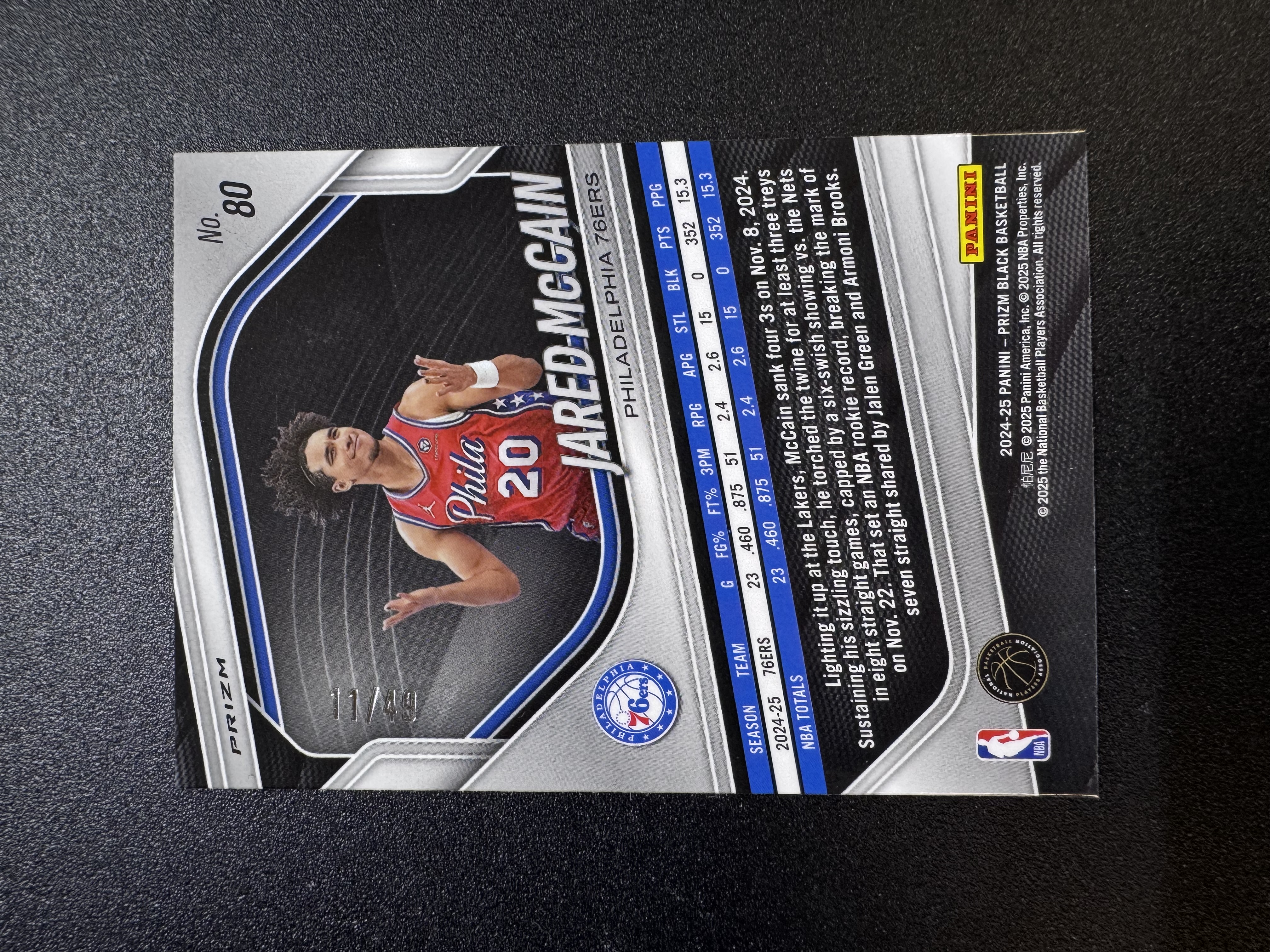 2024-25 Panini Prizm Black Jared McCain RC 76人 贾里德麦凯恩 新秀 11/49编 紫碎冰折 折射 微瑕 实卡精美 卡品如图 收藏必入
